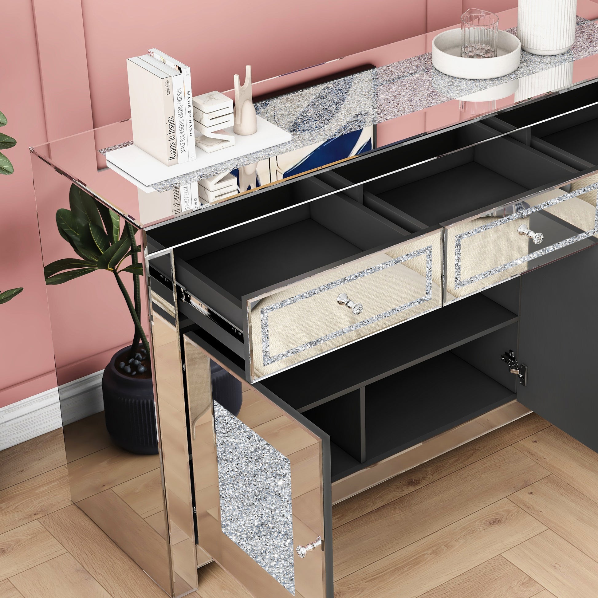 53.15'' Mirrored Glass Sideboard With 3 Drawers 3 Doors Silver Dining Room Luxury,Modern Cabinets Included Mdf Glass,Mirror