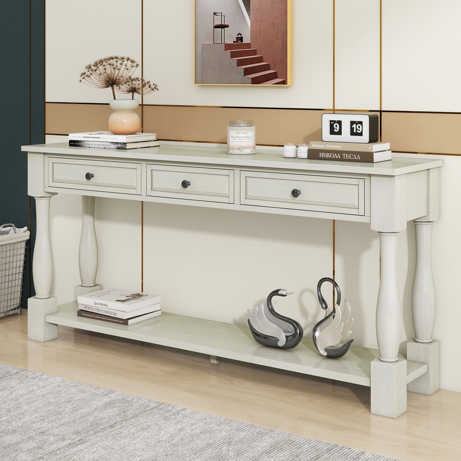 Console Table 63" Long Console Table With Drawers And Shelf For Entryway, Hallway, Living Room Antique White, Old Sku: Wf193795Aak Antique White Solid Wood