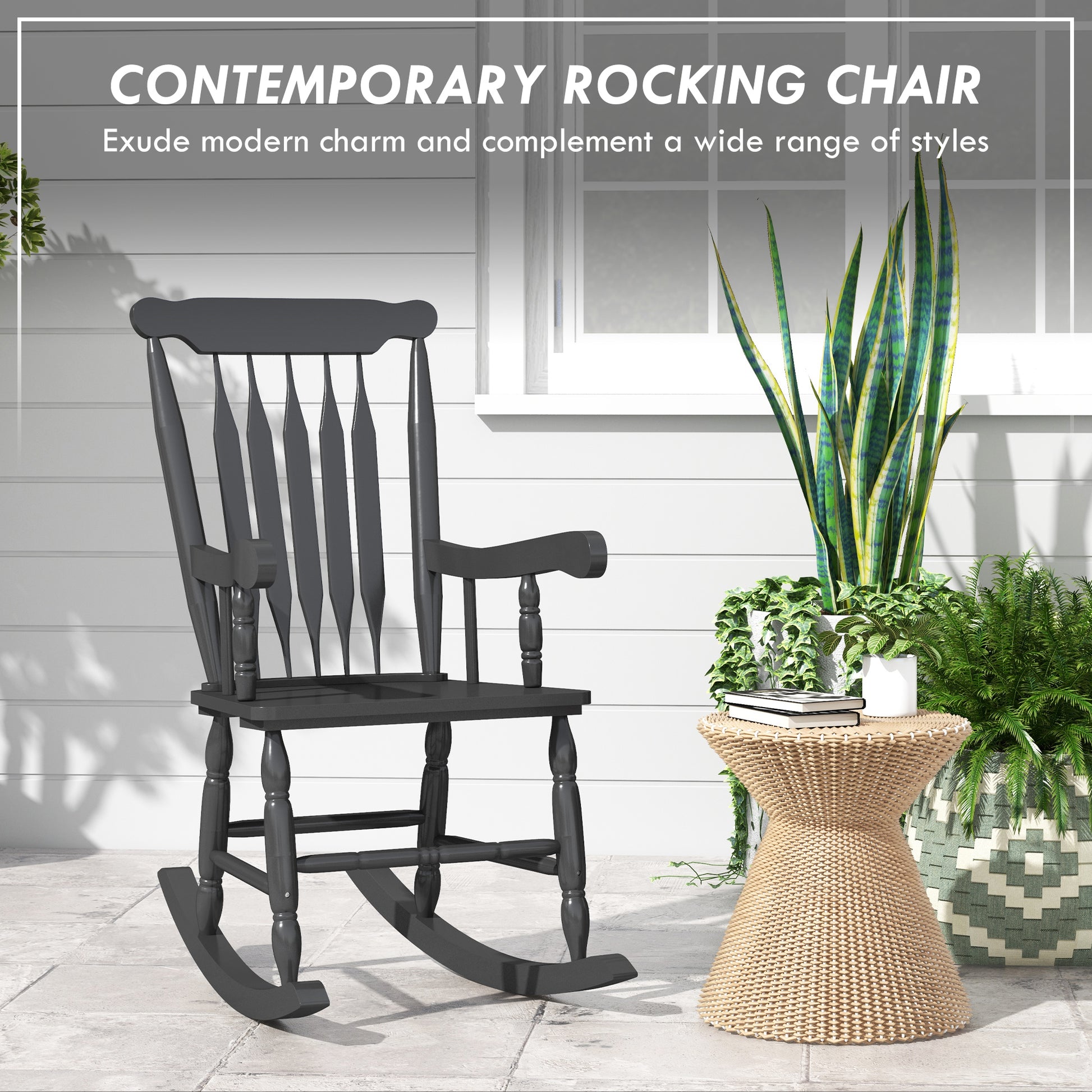 Outsunny Outdoor Wood Rocking Chair, 350 Lbs. Porch Rocker With High Back For Garden, Patio, Balcony, Black Black Wood