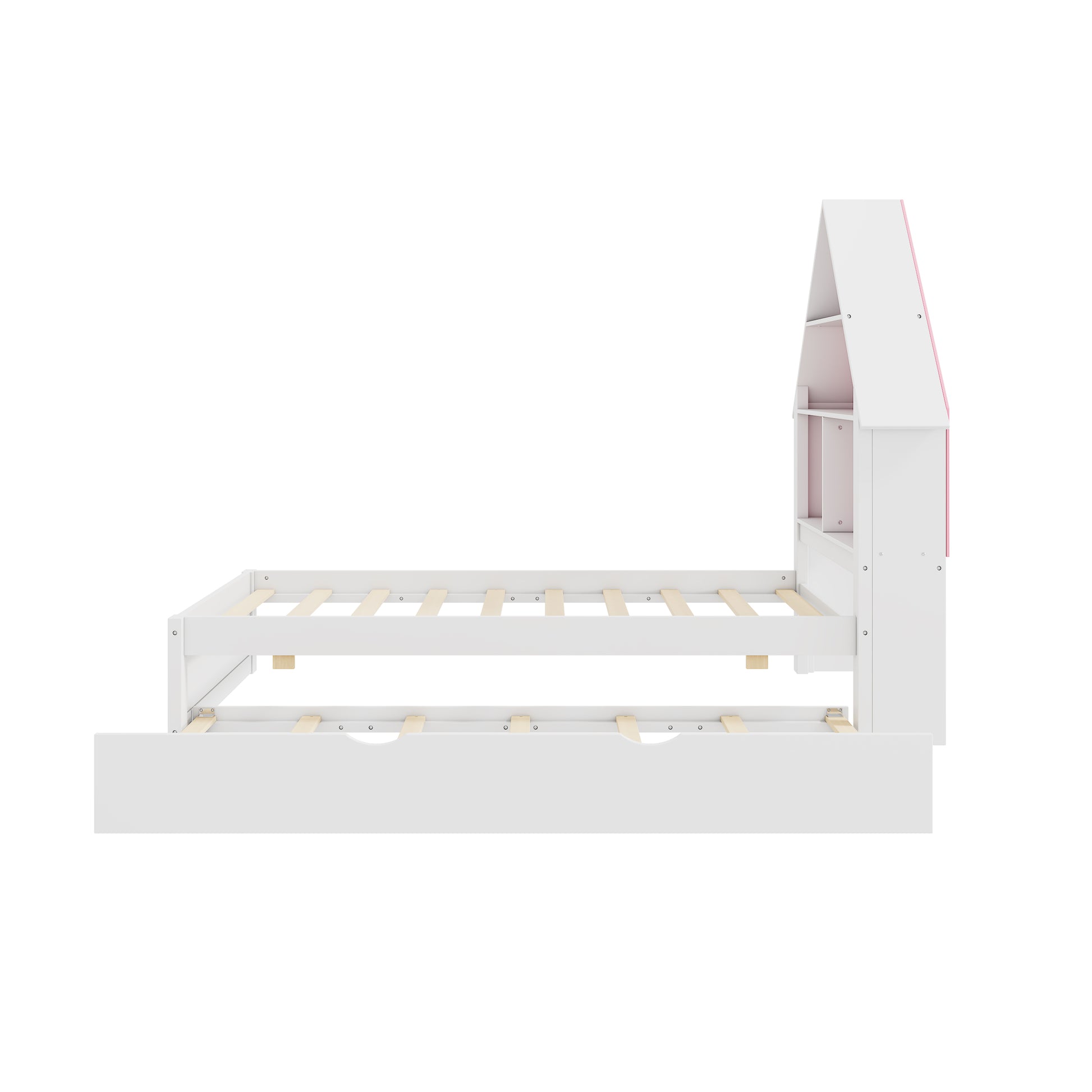 Twin Size House Shaped Bed With Bookcase Headboard And Led Light And Twin Size Trundle For Kids Boys Girls, Pink White Box Spring Not Required Twin White Pink Wood Bedroom Cute Bed Frame Wood