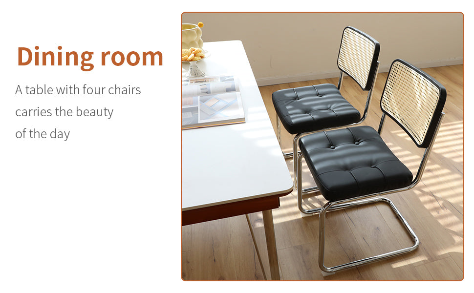 Dining Chairs Set Of 2, Fauex Leather Rattan Side Accent Chairs With Chrome Legs, Modern Mid Century Breuer Designed Chairs, Upholstered Dining Living Room Kitchen Chairs Black 2Pcs Black Faux