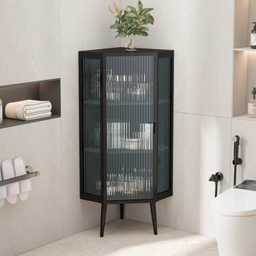 22.25'' Floor Coner Cabinet,Three Tiers With Tempered Glass Doors And Storage Shelves For Bathroom, Living Room And Bedroom Black Black Glass Metal