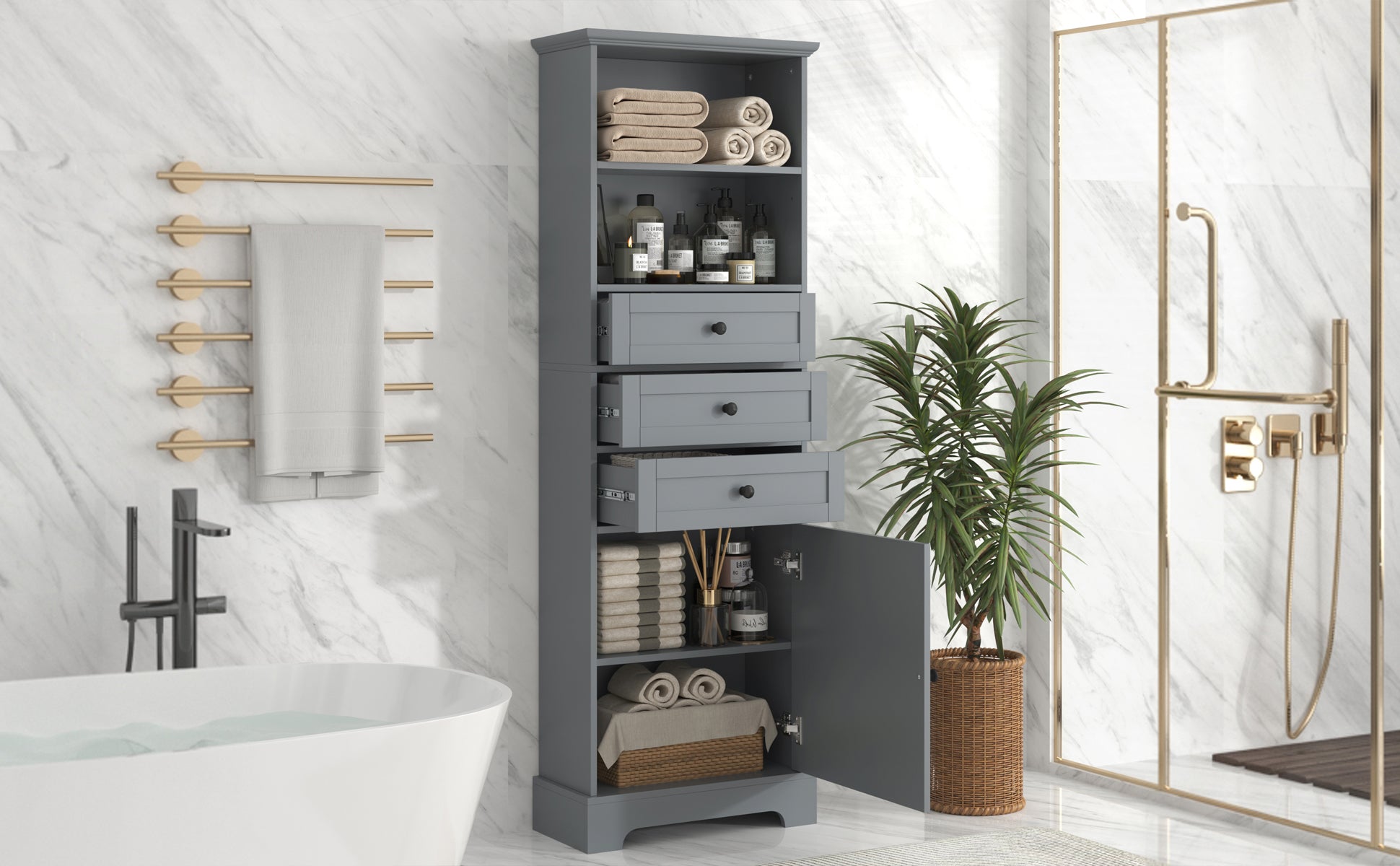 Gray Tall Storage Cabinet With 3 Drawers And Adjustable Shelves For Bathroom, Study, Office And Interior, Mdf Board With Painted Finish Gray Mdf