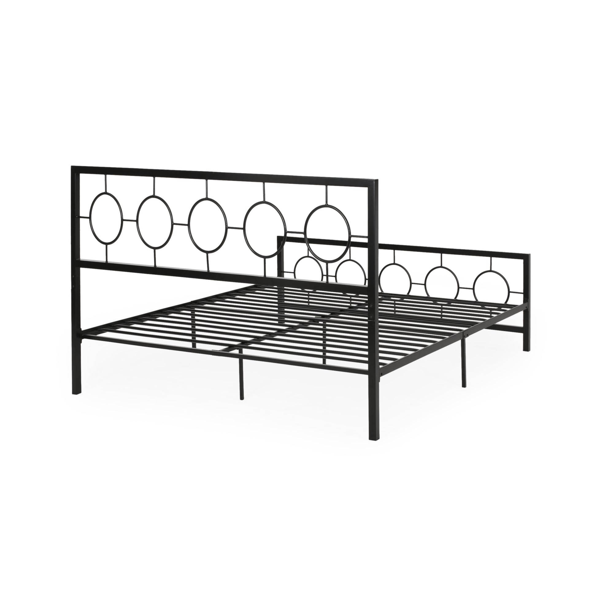 King Size Classical Metal Bed Frame With Circular Design Headboard And Footboard, Under Bed Space, Black King Black Iron
