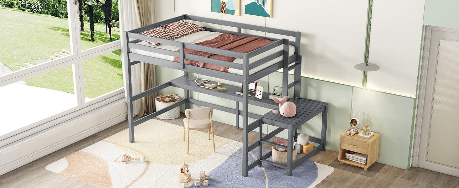 Full Size High Loft Bed With Built In Desk, Ladder Platform, Ladders, Guardrails ,Grey Full Grey Bedroom American Design Pine