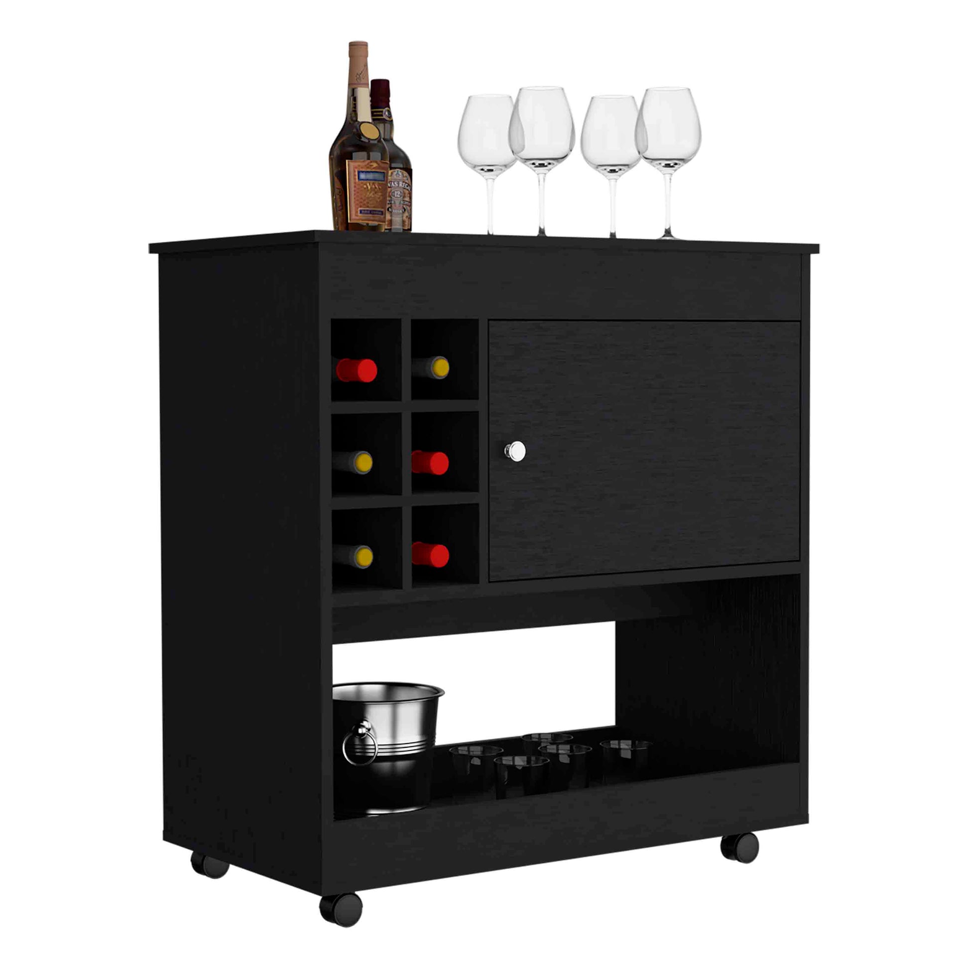 37" H Light Black Bar Coffee Cart, Kitchen Or Living Room Cabinet, With 4 Wheels, Central Storage With 2 Doors, Division For 6 Bottles And A Shelf With A Wooden Front On The Bottom. Black Particle