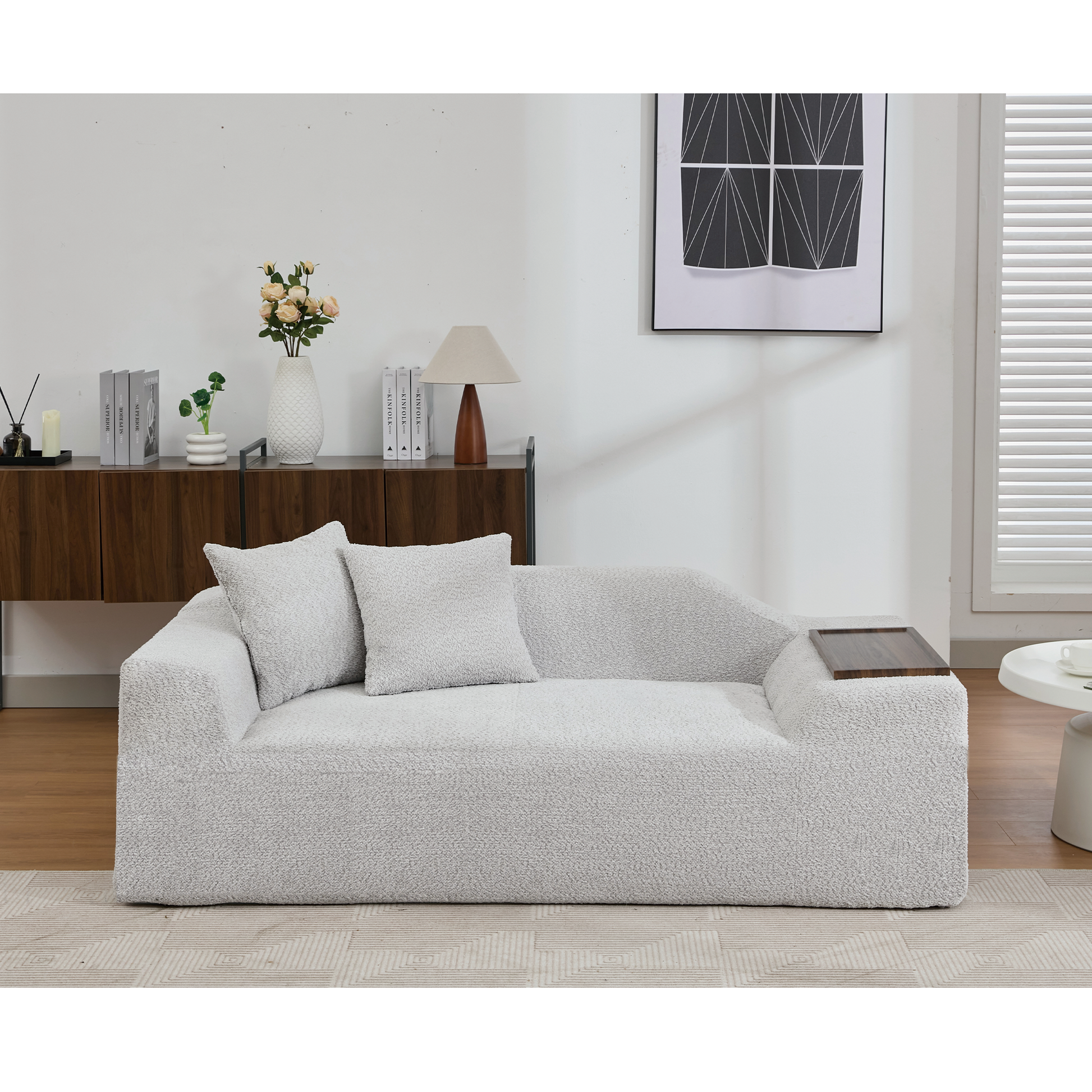 Arrived 2 Piece Boucle Cloud Sofa Set, Upholstered Sofa Set, Modern 3 Seater And 2 Seater Sofa With Mdf End Table For Living Room ,Apartment,3 2 Couch,Boucle, Light Gray Light Gray Polyester Primary Living Space Soft Tight Back Modern Square Arms Foam