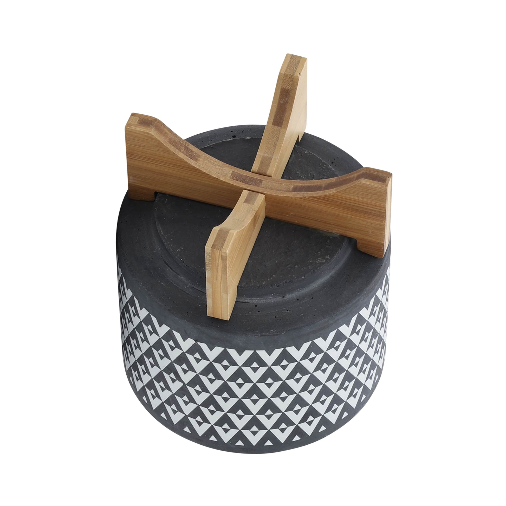 Ceramic 8" Aztec Planter On Wooden Stand, Gray Gray Ceramic