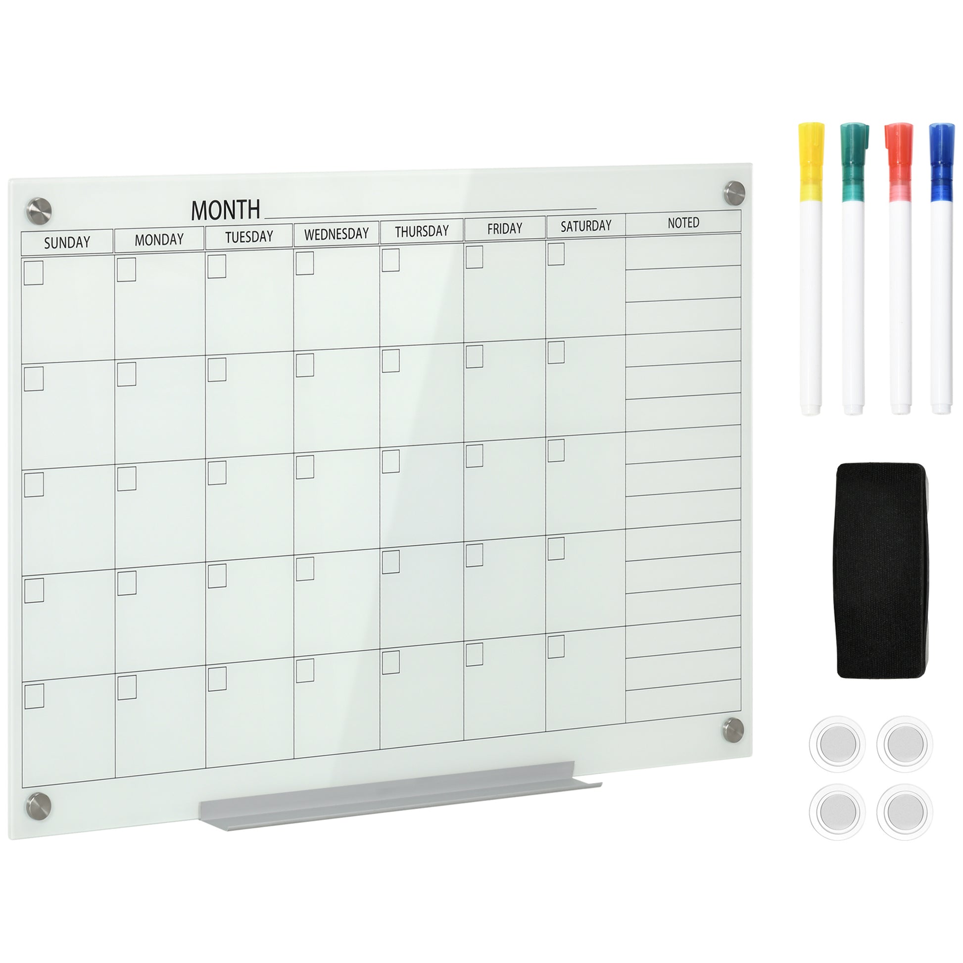 Vinsetto 35"X23" Dry Erase Wall Calendar Glass Whiteboard Monthly Planner For Homeschool Supplies & Home Office Organization With 4 Markers And 1 Eraser,Frameless White Glass