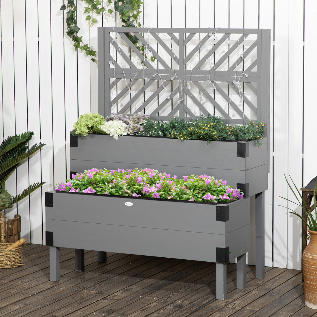 Outsunny Raised Garden Bed With Trellis, 2 Tier Wooden Elevated Planter Box With Legs And Metal Corners, For Vegetables, Flowers, Herbs, Gray Gray Wood