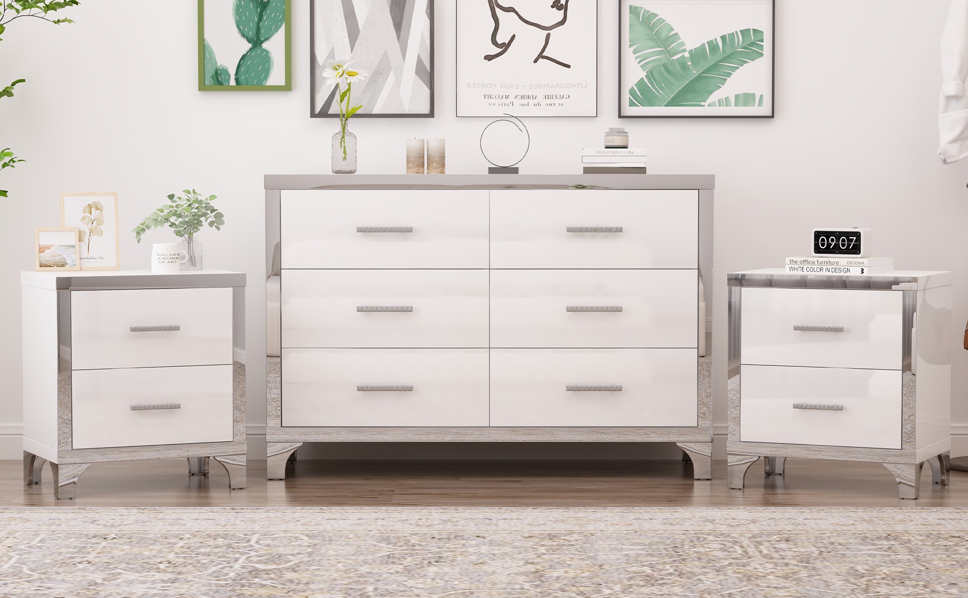 3 Pieces Sets,Dresser And Two Nightstands With Metal Handles And Mirror Decoration, Elegant And Subtle,White White 3 Piece Set Mdf