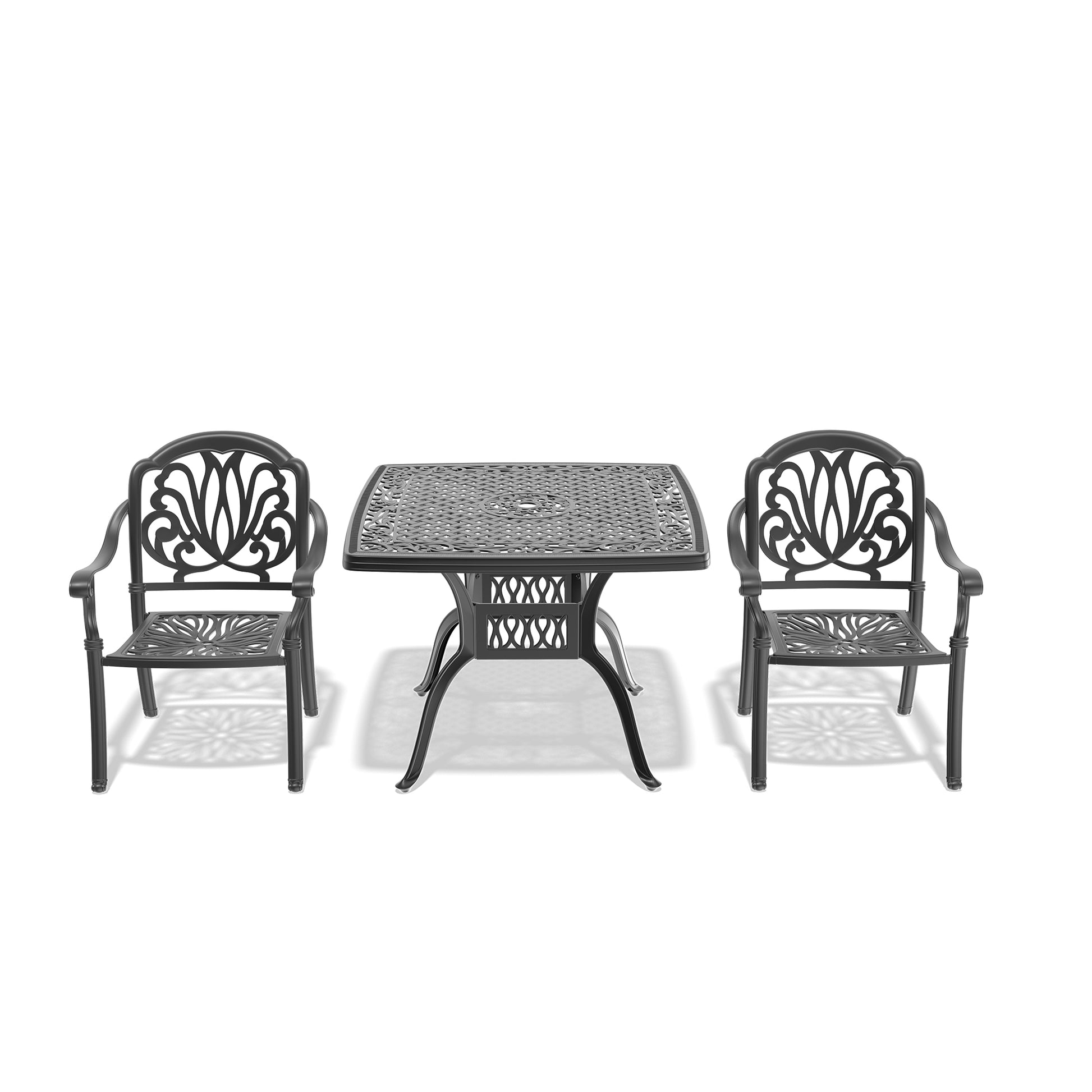 Cushions In Random Colors 3 Piece Set Of Cast Aluminum Patio Furniture With Cushions Yes Dining Set Black Seats 2 Rust Resistant Frame Water Resistant Cushion Garden & Outdoor Complete Patio Sets Aluminium