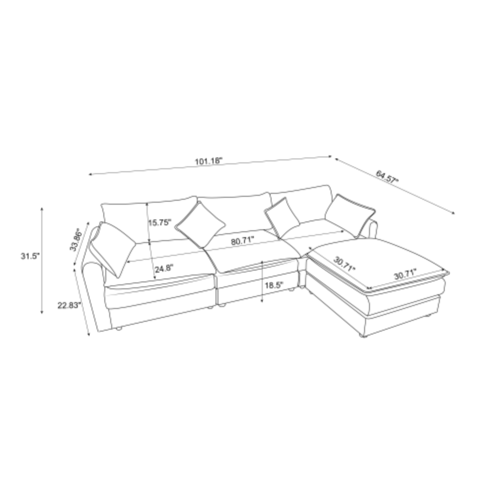 Modular Sectional Sofa, 3 Seater Sofa With Ottoman, Modern L Shaped Sofa For Living Room Bedroom Apartment White Chenille 3 Seat