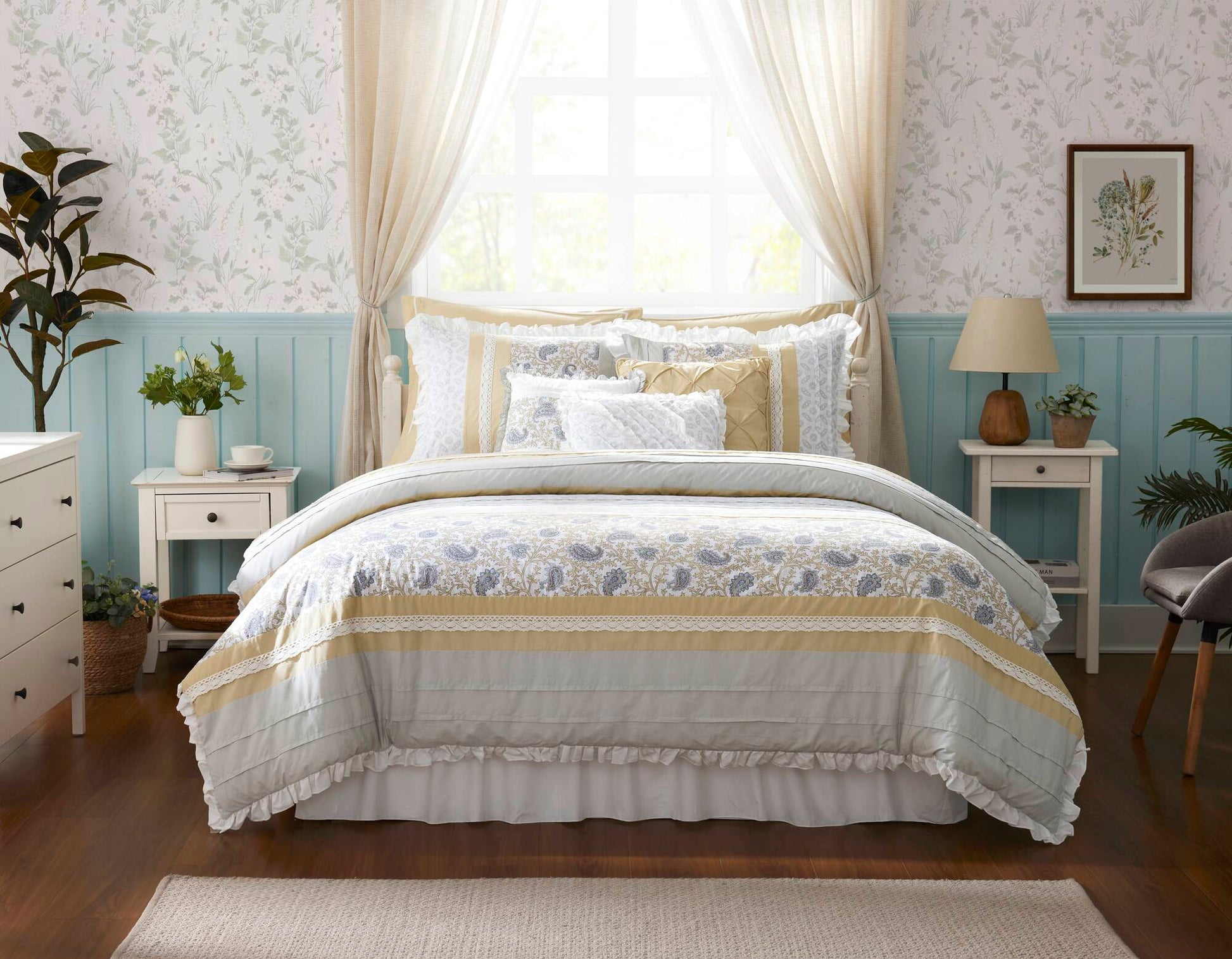 9 Piece Cotton Percale Comforter Set Yellow Cal King California King Yellow Polyester