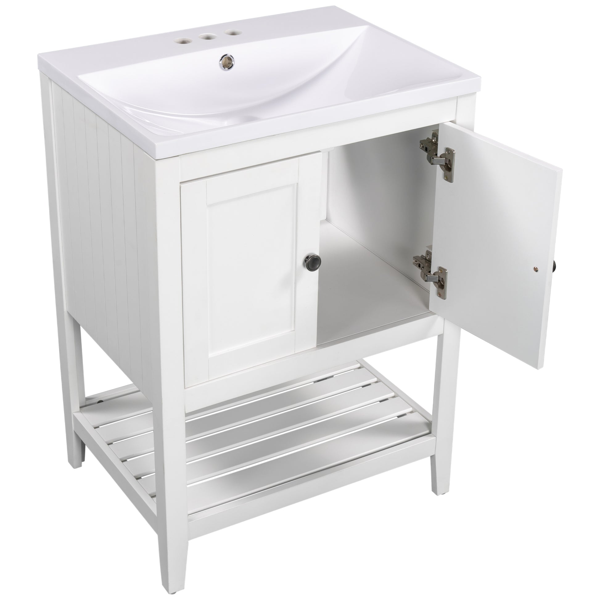 Video 24" White Modern Sleek Bathroom Vanity Elegant Ceramic Sink With Solid Wood Frame Open Style Shelf Old Sku: Jl000001Aak White Solid Wood