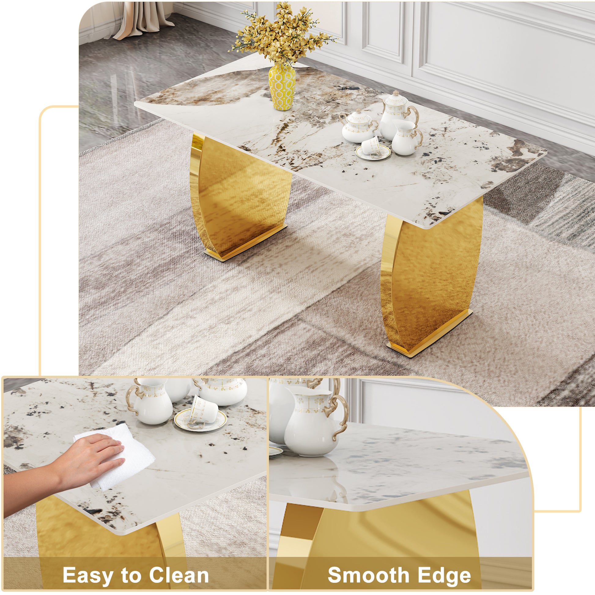 Table And Chair Set, Rock Plate Table Top, Gold Metal Table Legs, Stable And Beautiful, Suitable For Most Home Styles. Modern Simple Dining Table, Comfortable Seating. White Gold Seats 4 Sintered Stone