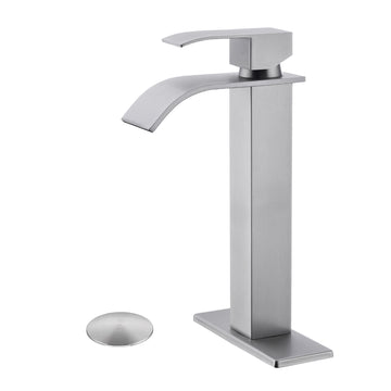 Waterfall Spout Bathroom Sink Single Handle Faucet With Pop Up Drain No Overflow Brushed Nickel Stainless Steel