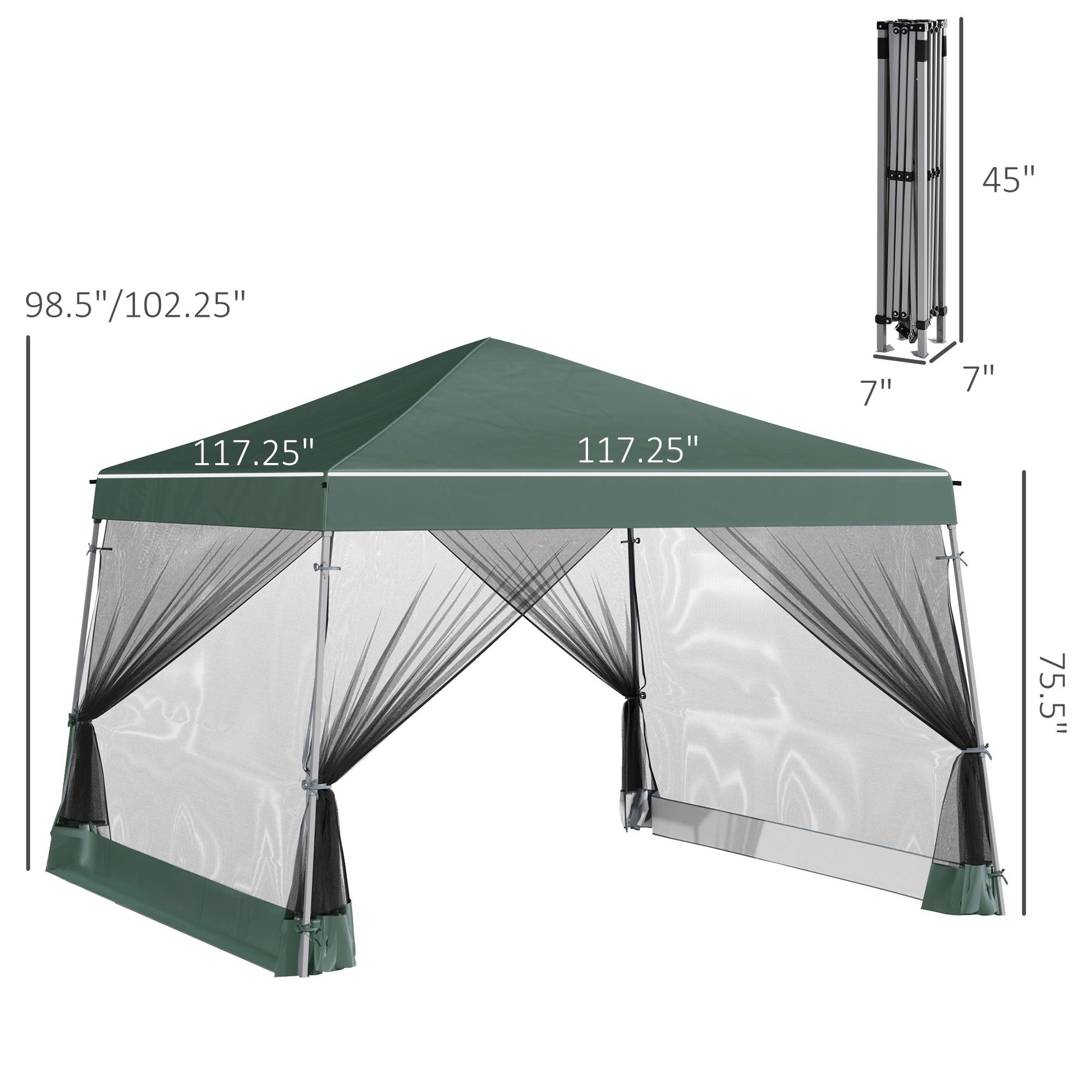 Outsunny Slant Leg Pop Up Canopy Tent With Netting And Carry Bag, Instant Sun Shelter, Tents For Parties, Height Adjustable, For Outdoor, Garden, Patio, 11.5'X11.5' Base 10'X10' Top , Green Green Steel