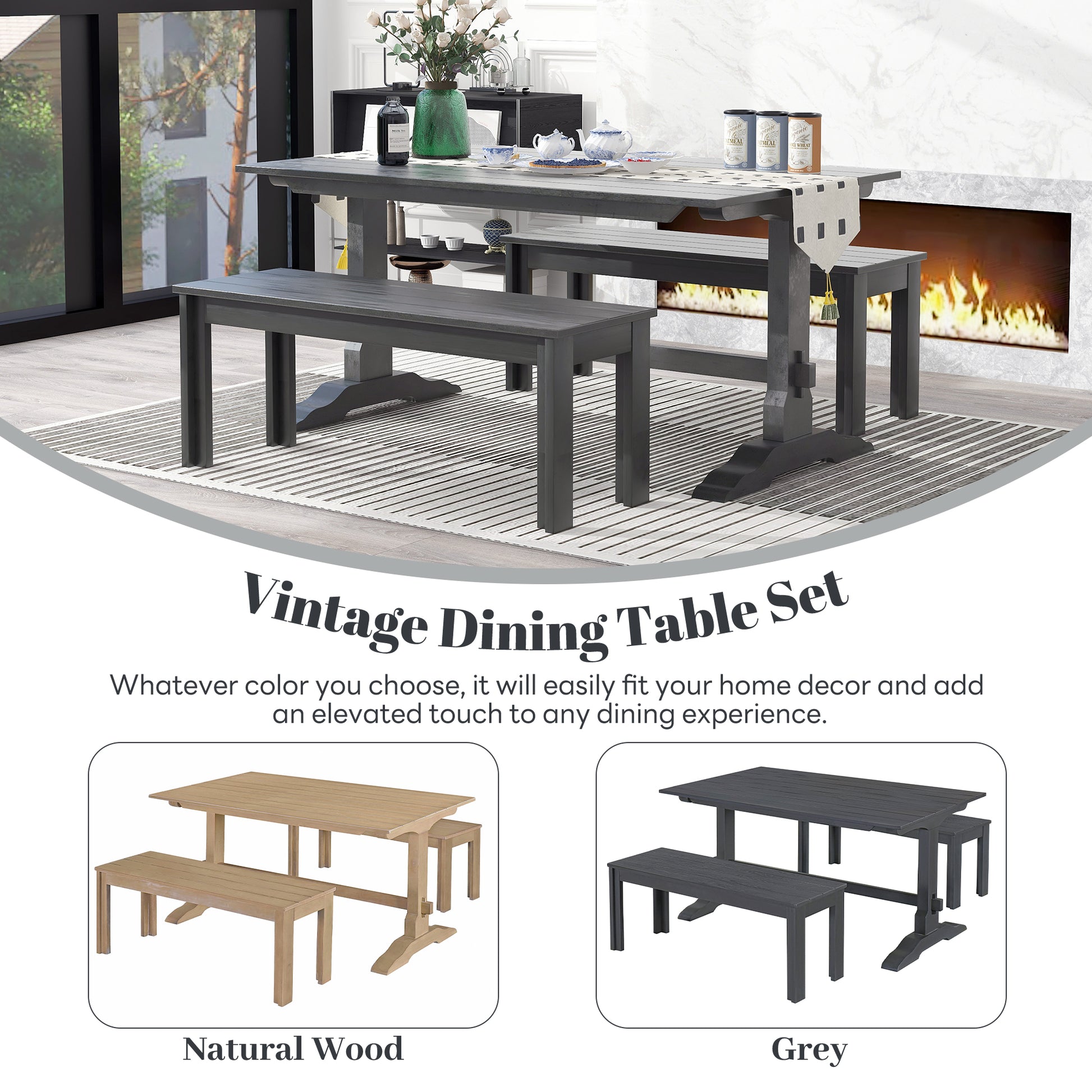 3 Piece Retro Dining Set, Rectangular Trestle Table And 2 Wood Benches For 4 People For Dining Room And Kitchen Grey Grey Solid Wood Mdf