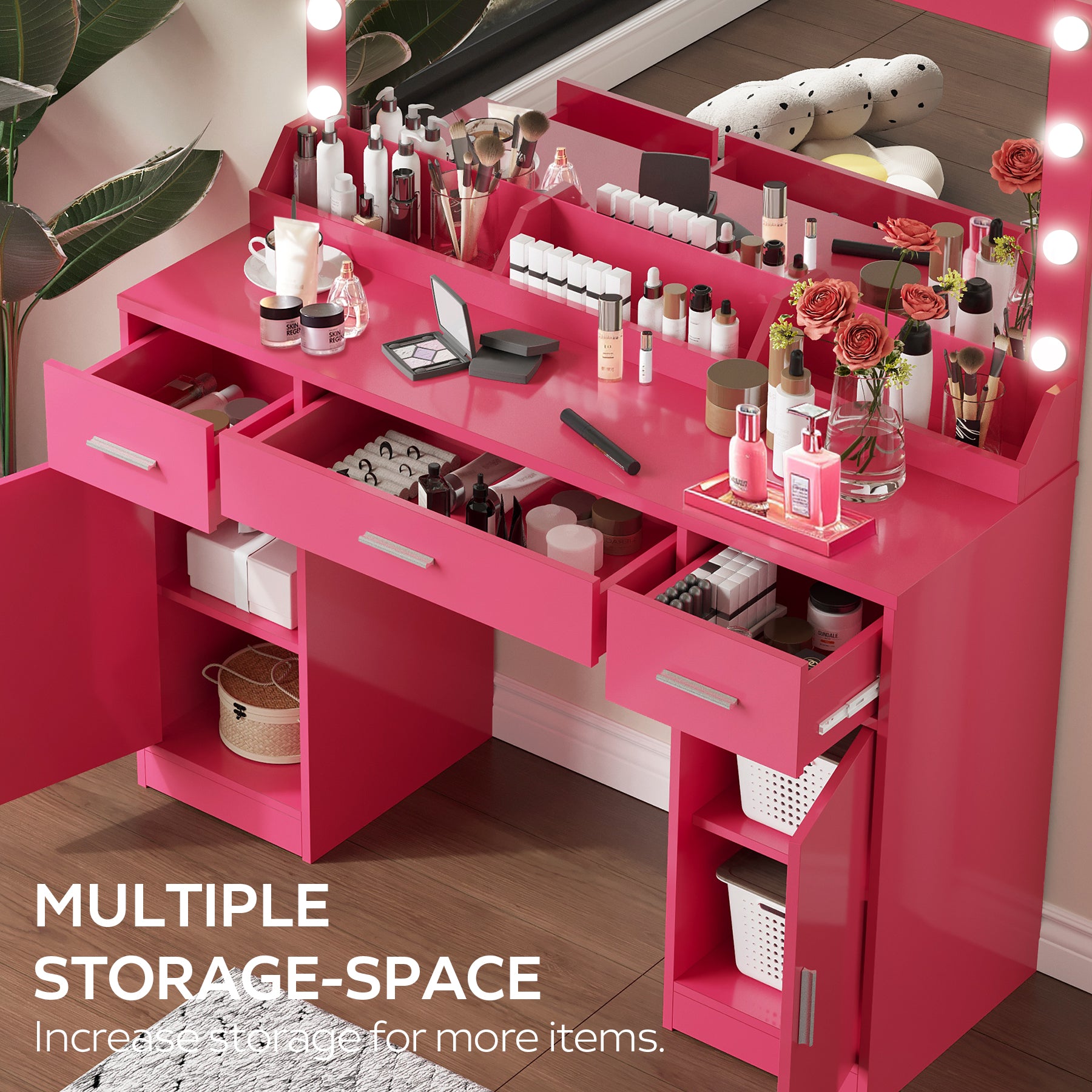 47.2"Vanity Desk With Large Mirror, 3 Colour Lighting Modes, Adjustable Brightness, Dresser With 3 Drawers & 2 Vertical Cabinets, Makeup Vanity Table For Women & Girls Rose Pink Rose Pink Particle Board