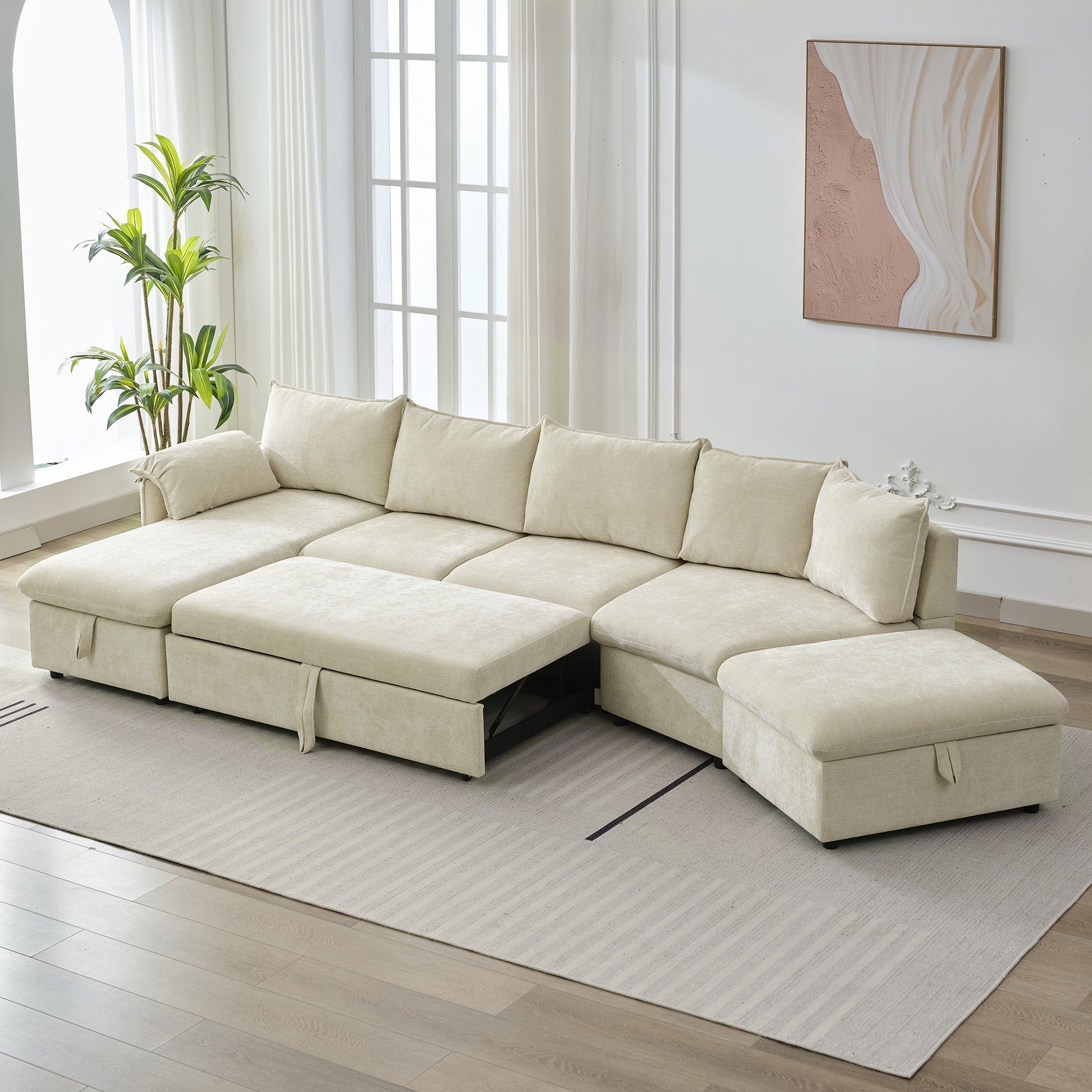 146.9" L Shaped Sofa Sectional Sofa Couch Pull Out Sofa Bed With A Movable Storage Ottoman, A Storage Chaise Lounge And Two Usb Ports For Living Room, Beige Beige Foam Linen 5 Seat