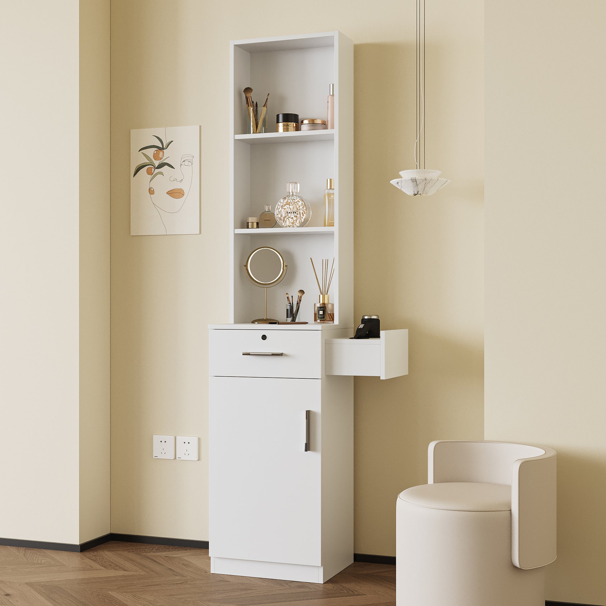 White Modern Simple Hair Desk, Multi Layer Storage, Large Storage Space White Mdf