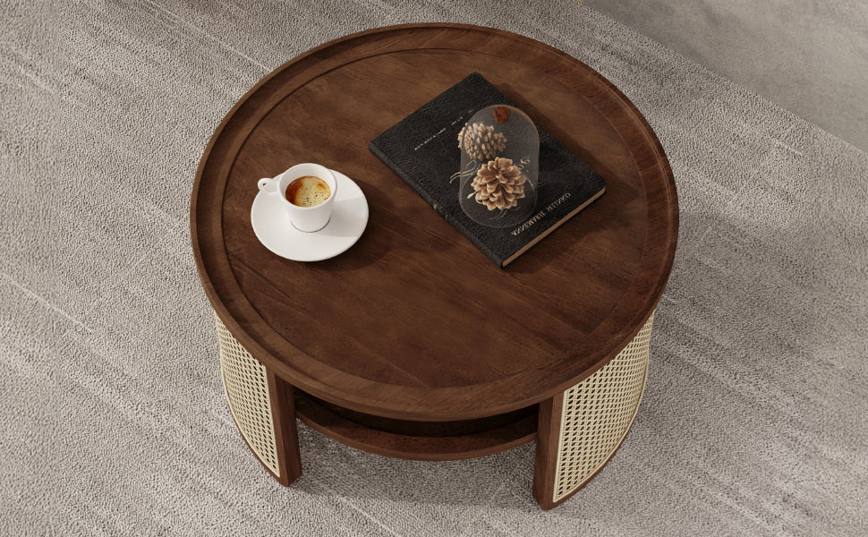 2 Tiered Round Walnut Wood Coffee Table With Storage Rattan Base In 31.3'' Walnut Rubber Wood