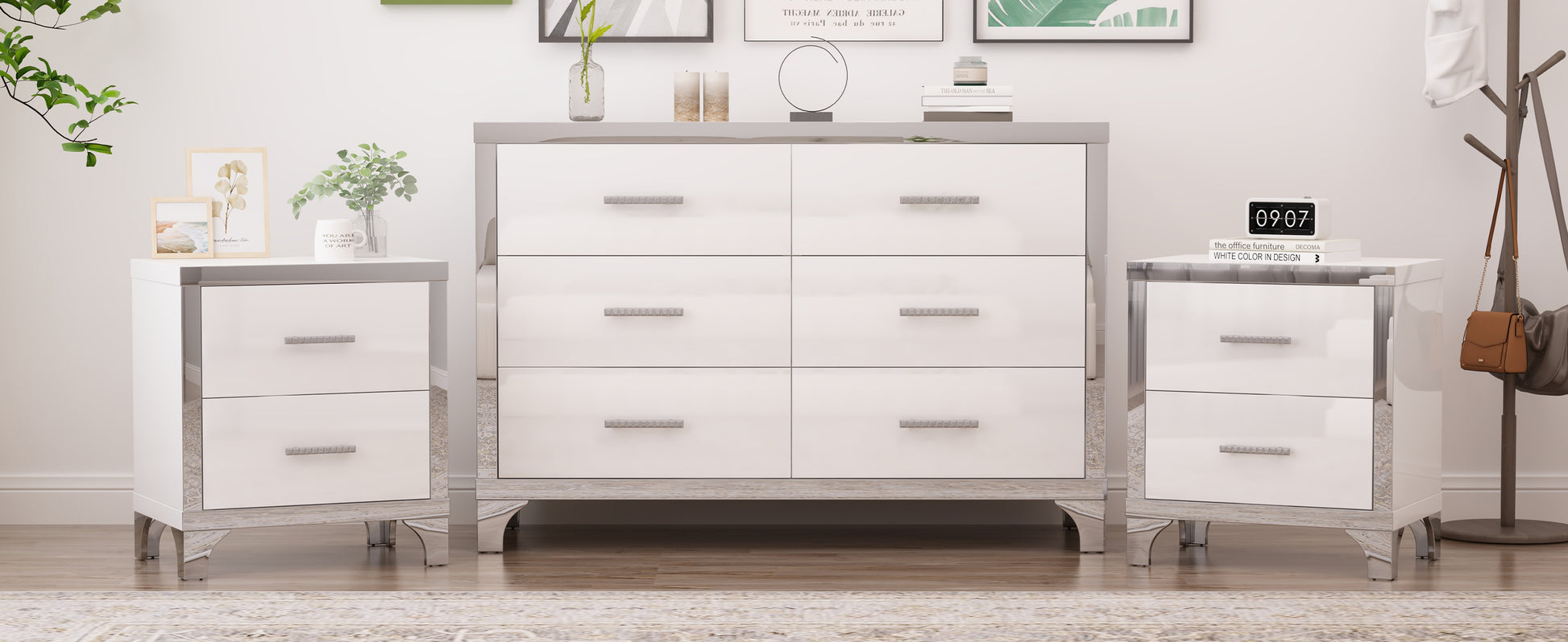 3 Pieces Sets,Dresser And Two Nightstands With Metal Handles And Mirror Decoration, Elegant And Subtle,White White 3 Piece Set Mdf