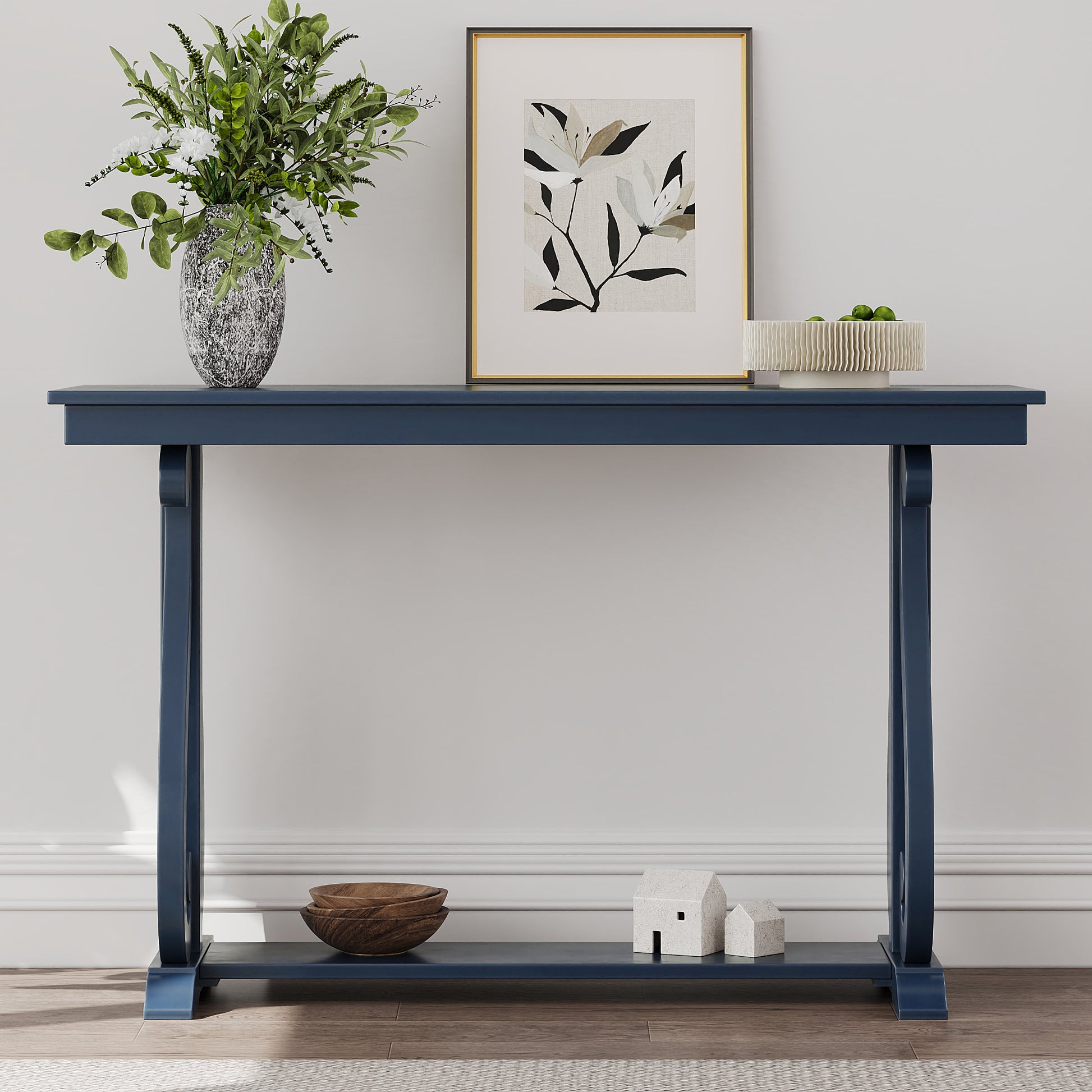 48 Inch Rustic Vintage Console Tablefarmhouse Style Entryway Table With Open Shelf And Sturdy Construction For Entryway And Living Room Navy Navy Distressed Finish Primary Living Space Antique,Rustic,Vintage Open Storage Console Tables Brushed