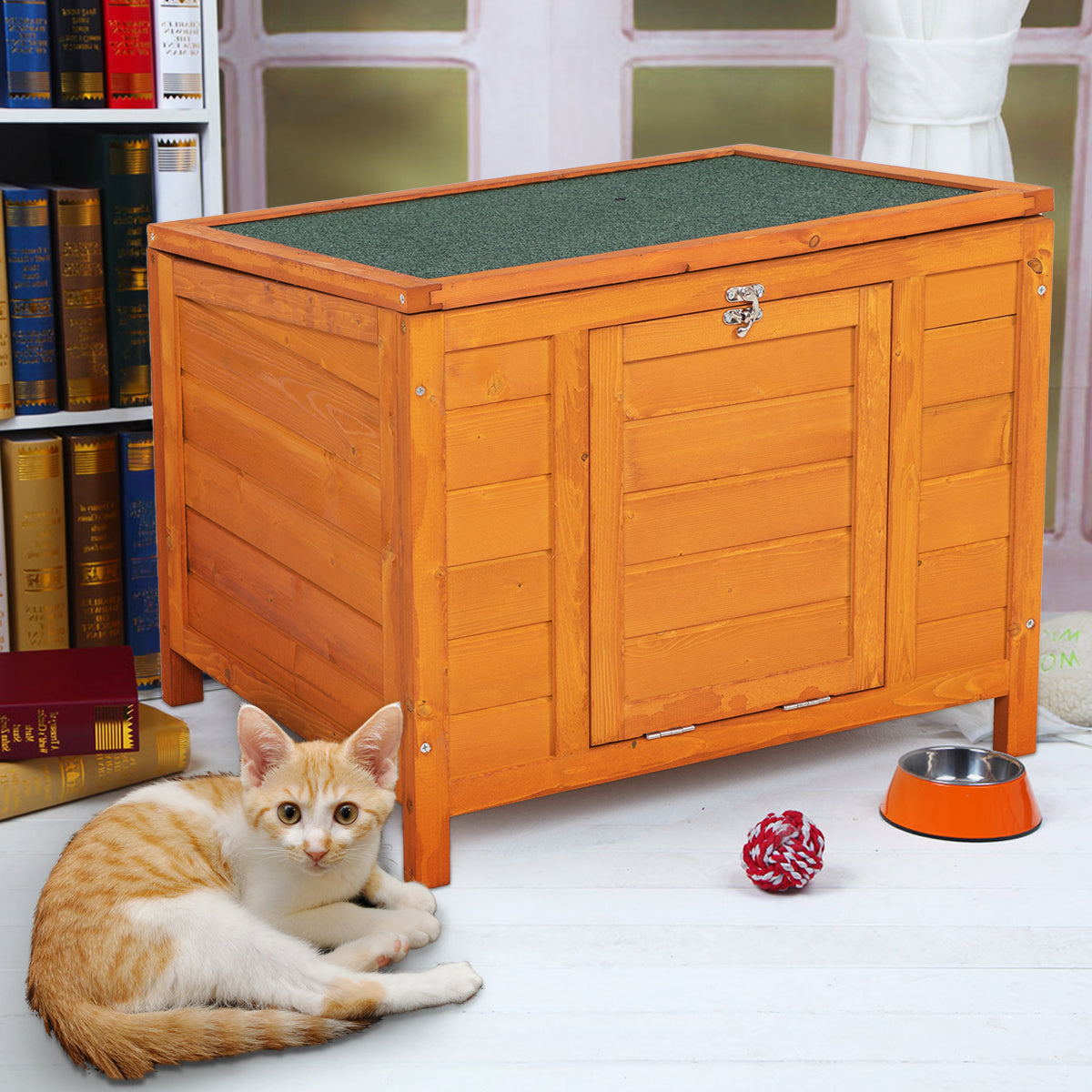 Small Wood Rabbit Hutch Bunny Cage, Raised Cat House With Ladder For Small Animals Orange Wood