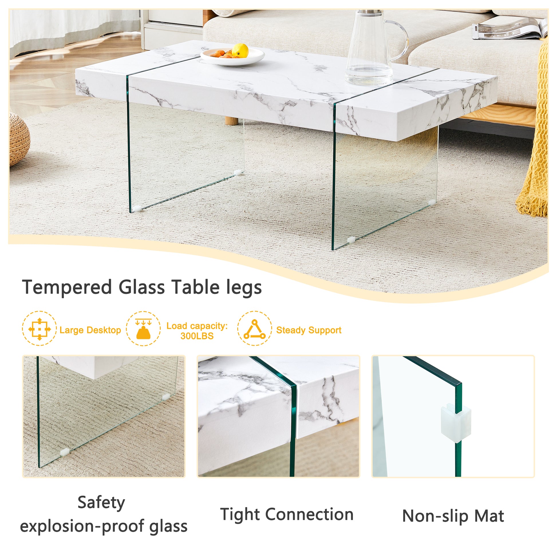 43.3"X23.6" White Marble Patterned Mdf Coffee Table With Tempered Glass Legs.Suitable For Living Room.It Can Be Used Not Only As A Coffee Table But Also As A Side Table Or Display Stand.