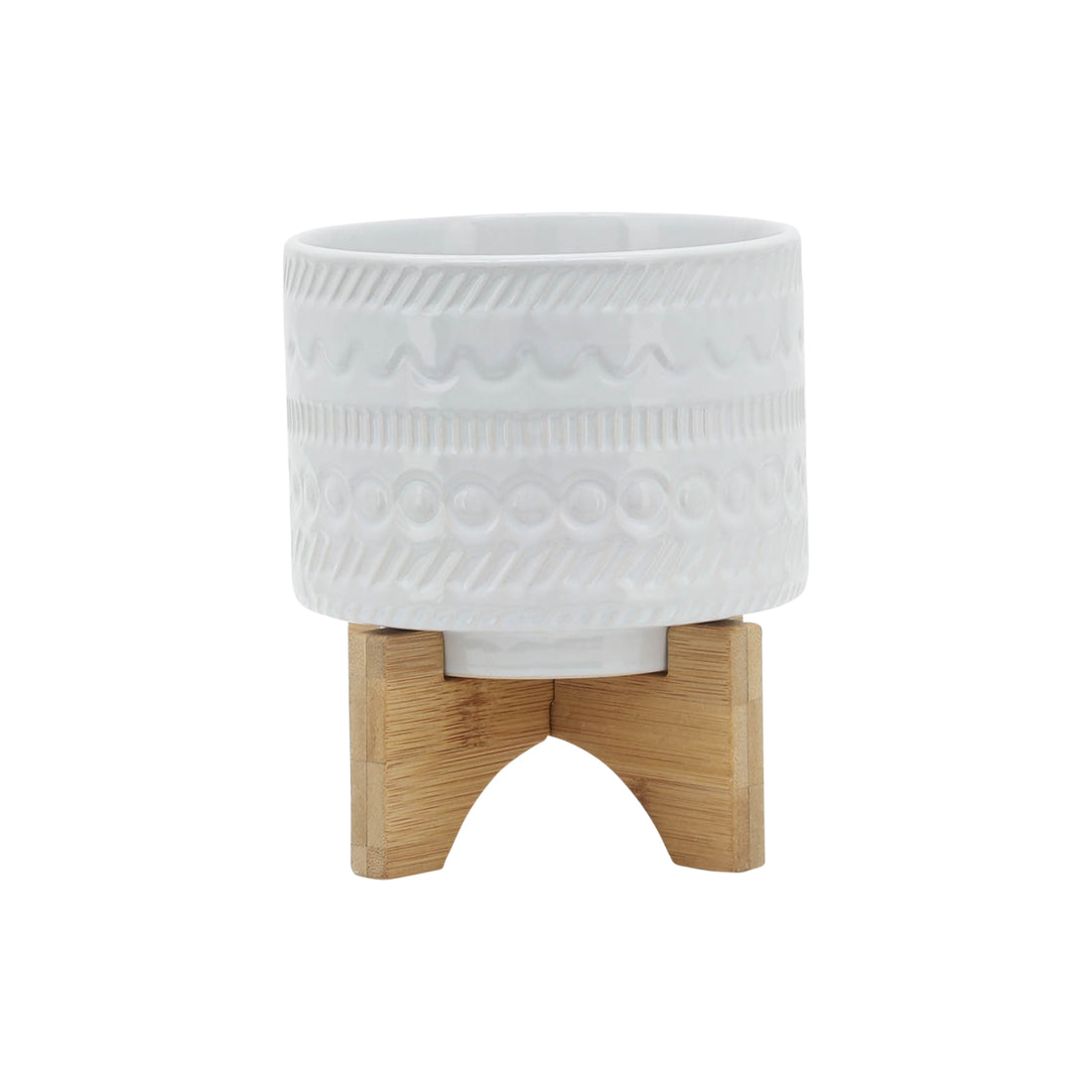 5" Tribal Planter W Wood Stand, White White Ceramic