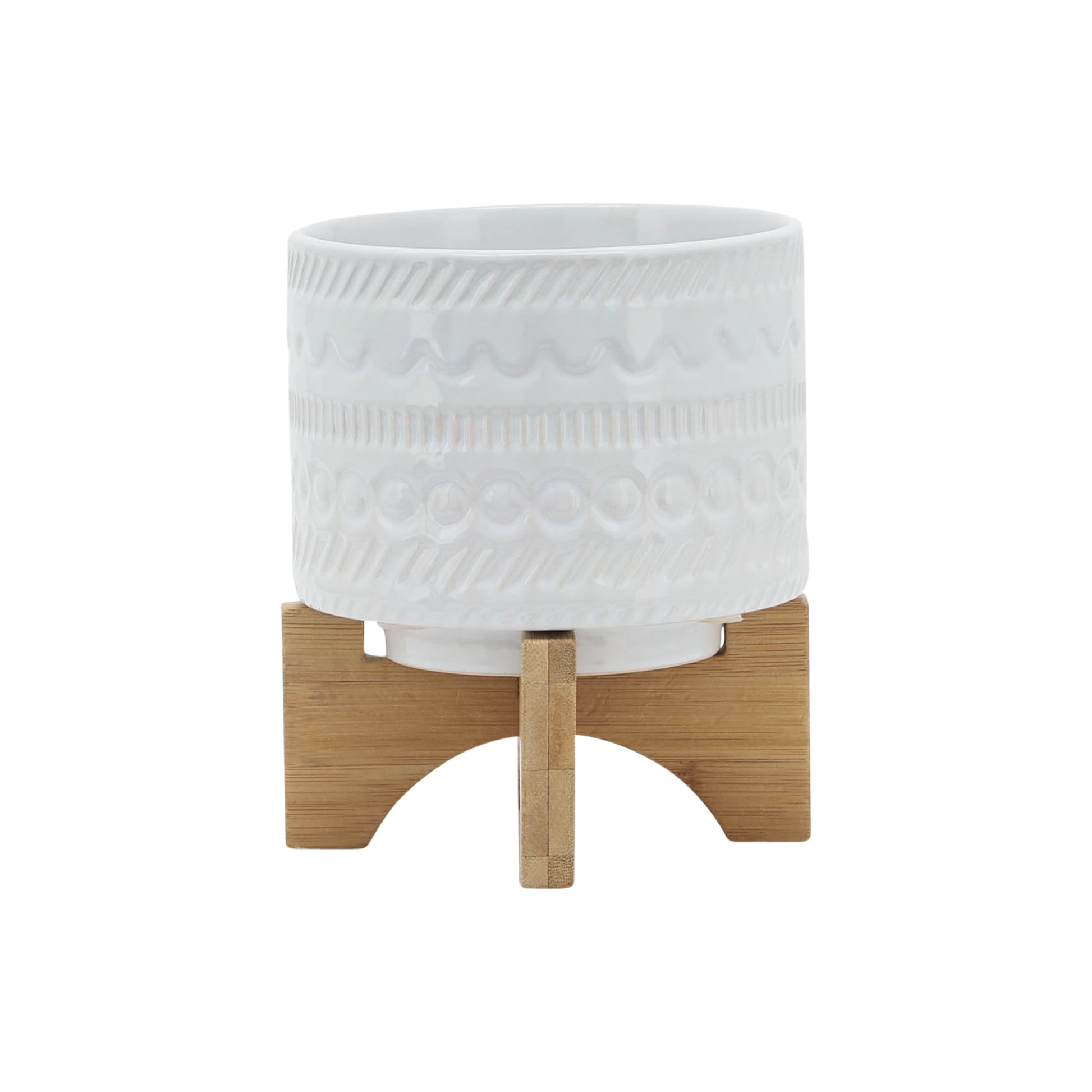 5" Tribal Planter W Wood Stand, White White Ceramic