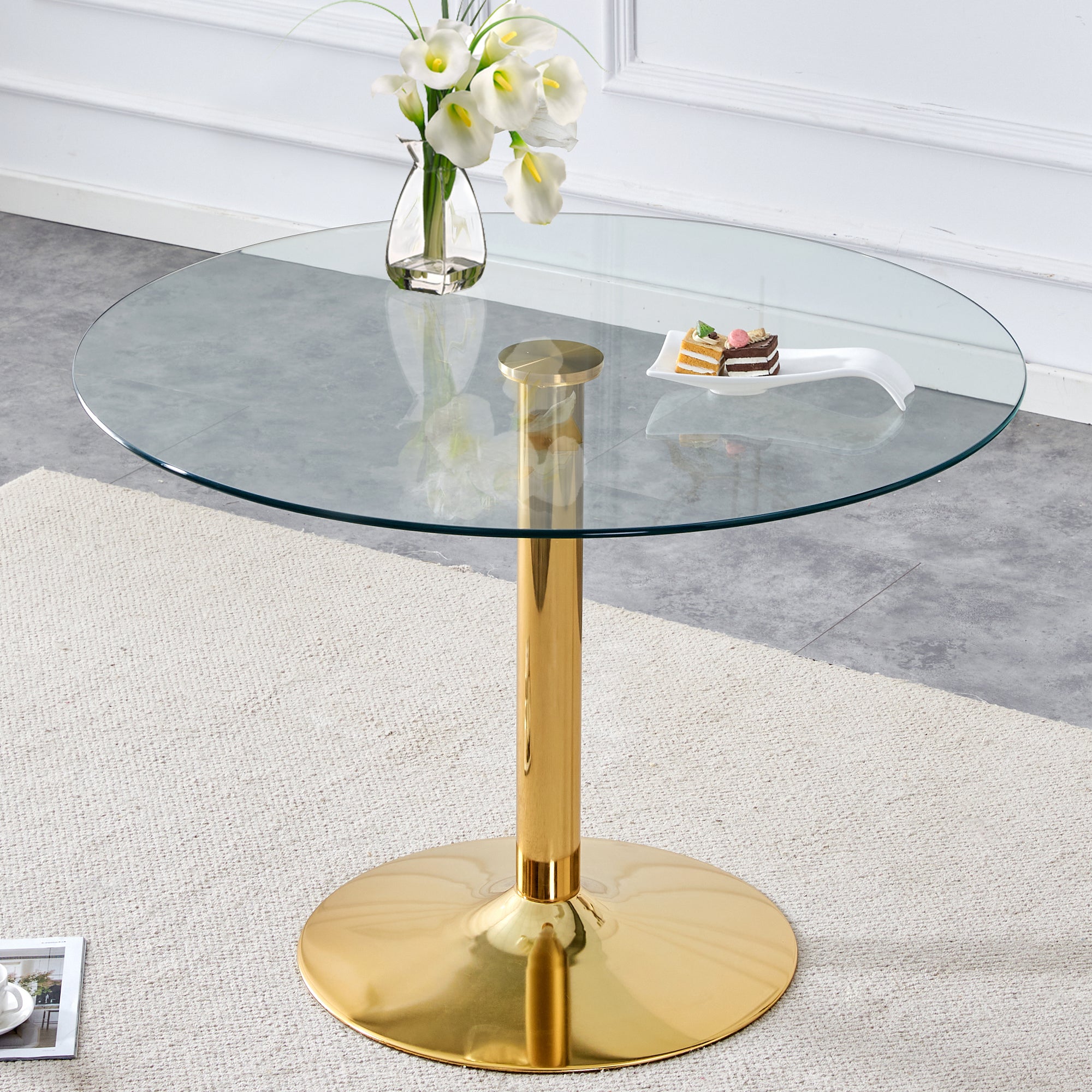 A 39.7 Inch Diameter Glass Top And A Modern, Minimalist Round Dining Table With Gold Metal Legs. Ideal For Dining Rooms, Living Rooms And Meeting Rooms. Model: Dt 1166 Gold Glass Metal