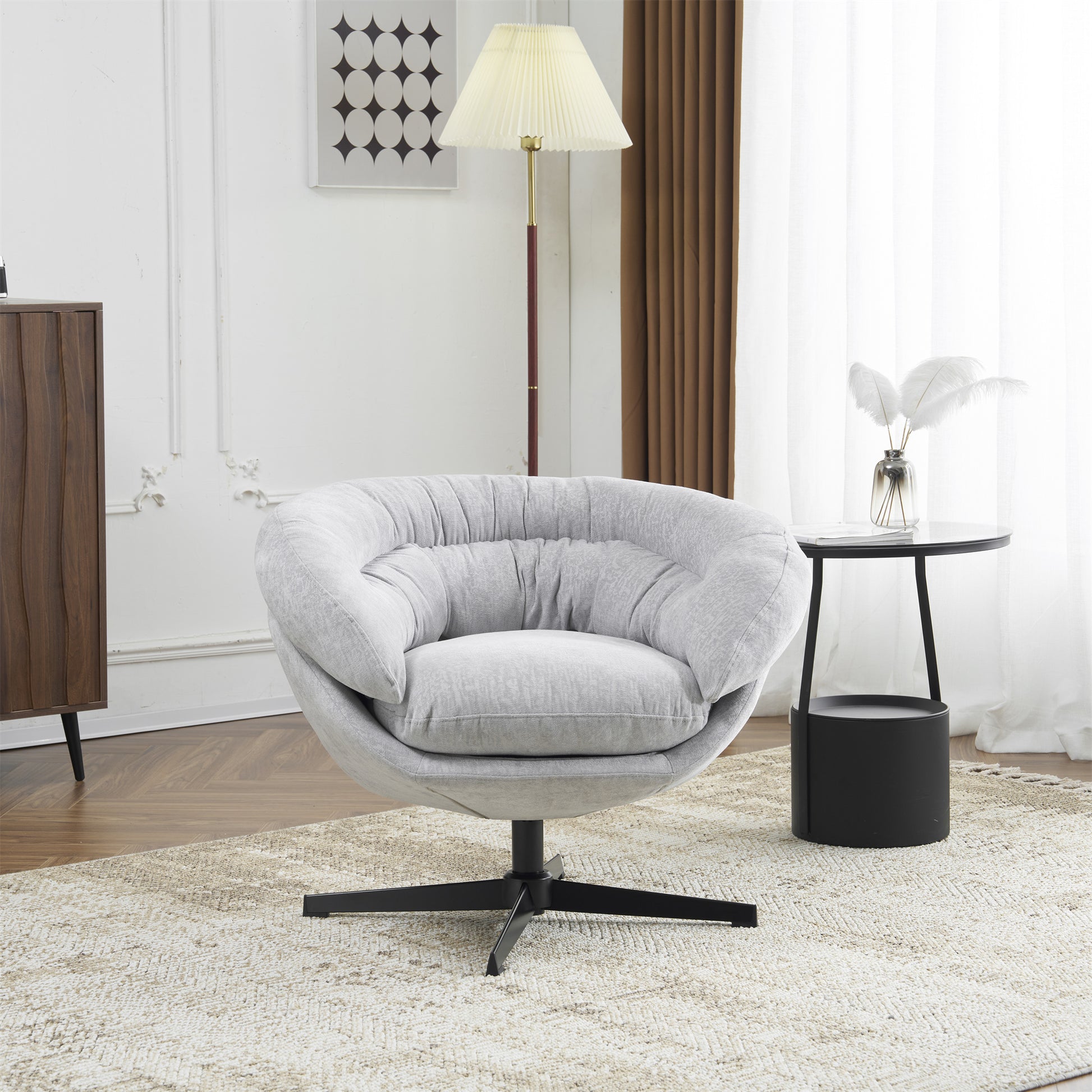 Comfy Chenille Upholstered 360 Swivel Club Chair Accent Chair With Removable Cushion, Round Office Chair With Black Metal Base, Cotton Material, Living Room, Bedroom, Reading Corner, Office Gray