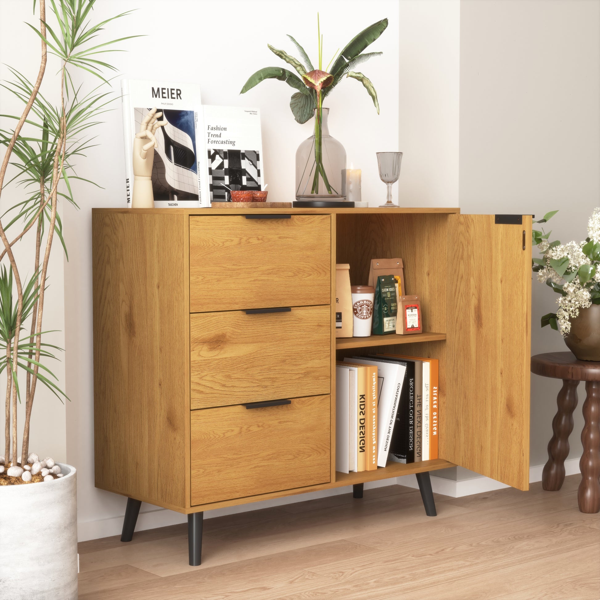 Storage Cabinet with 3 Drawers & Adjustable Shelf, Mid natural wood-particle board