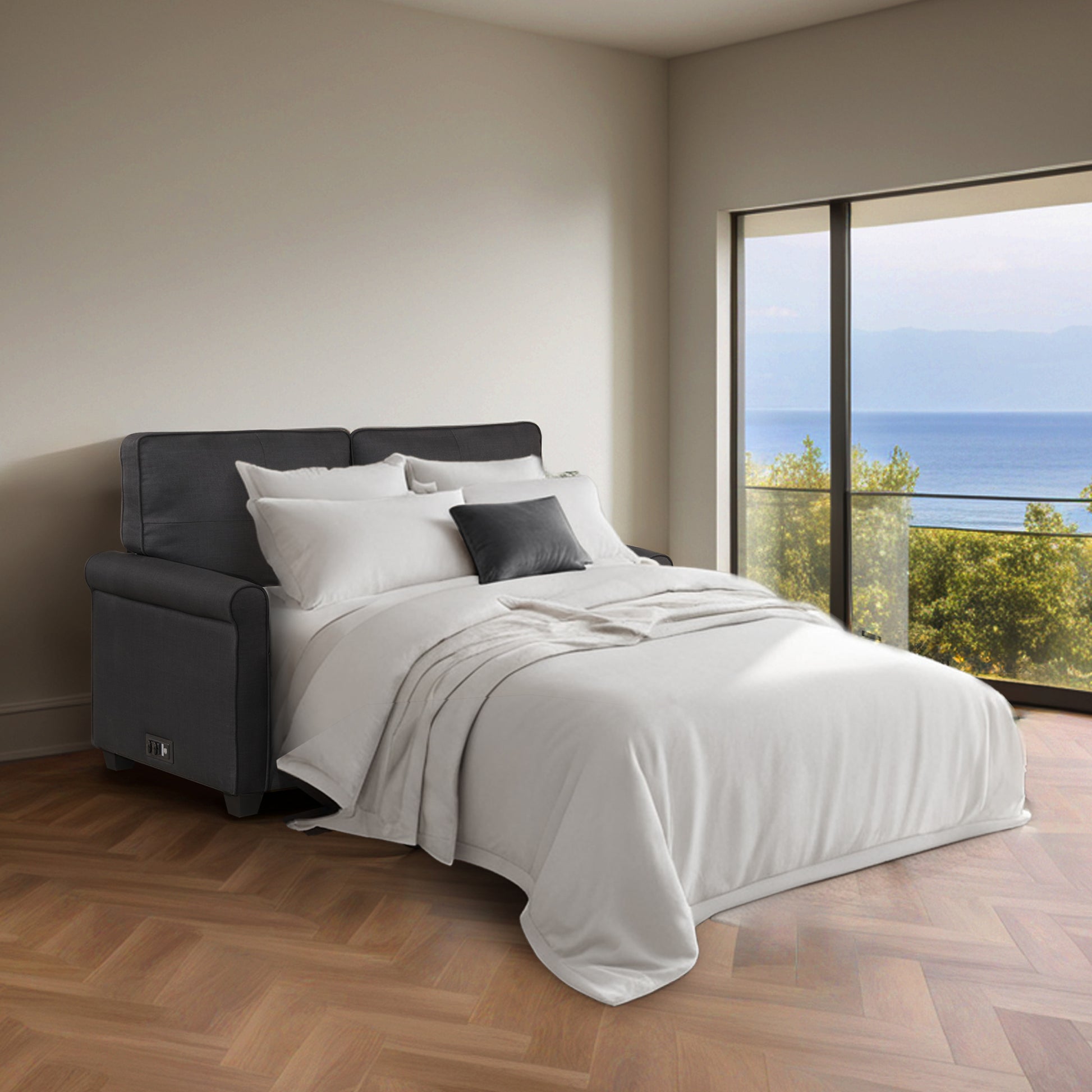 Fashion Pull Out Sofa Bed With Mattress, Fabric Antique Black Brown Polyester Wood Soft Cushion Back Extra Heavy Duty American Traditional Rubberwood Square Arms Memory Foam And Polyurethane Foam Polyester 2 Seat