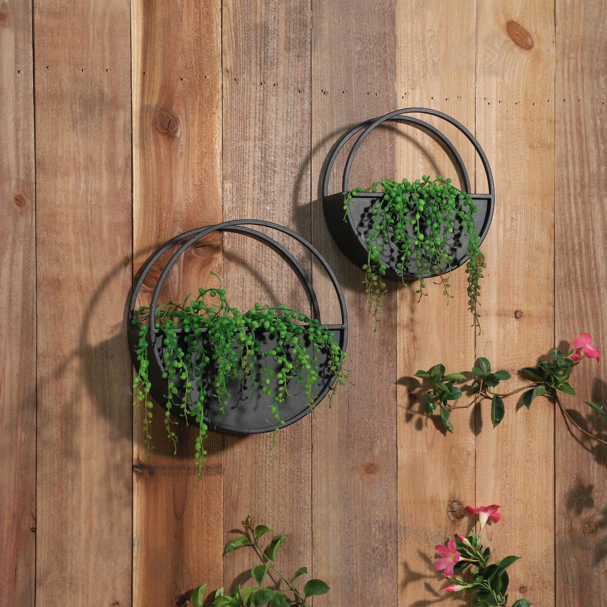 S 2 Metal 9 12" Round Wall Planters, Black Black Iron