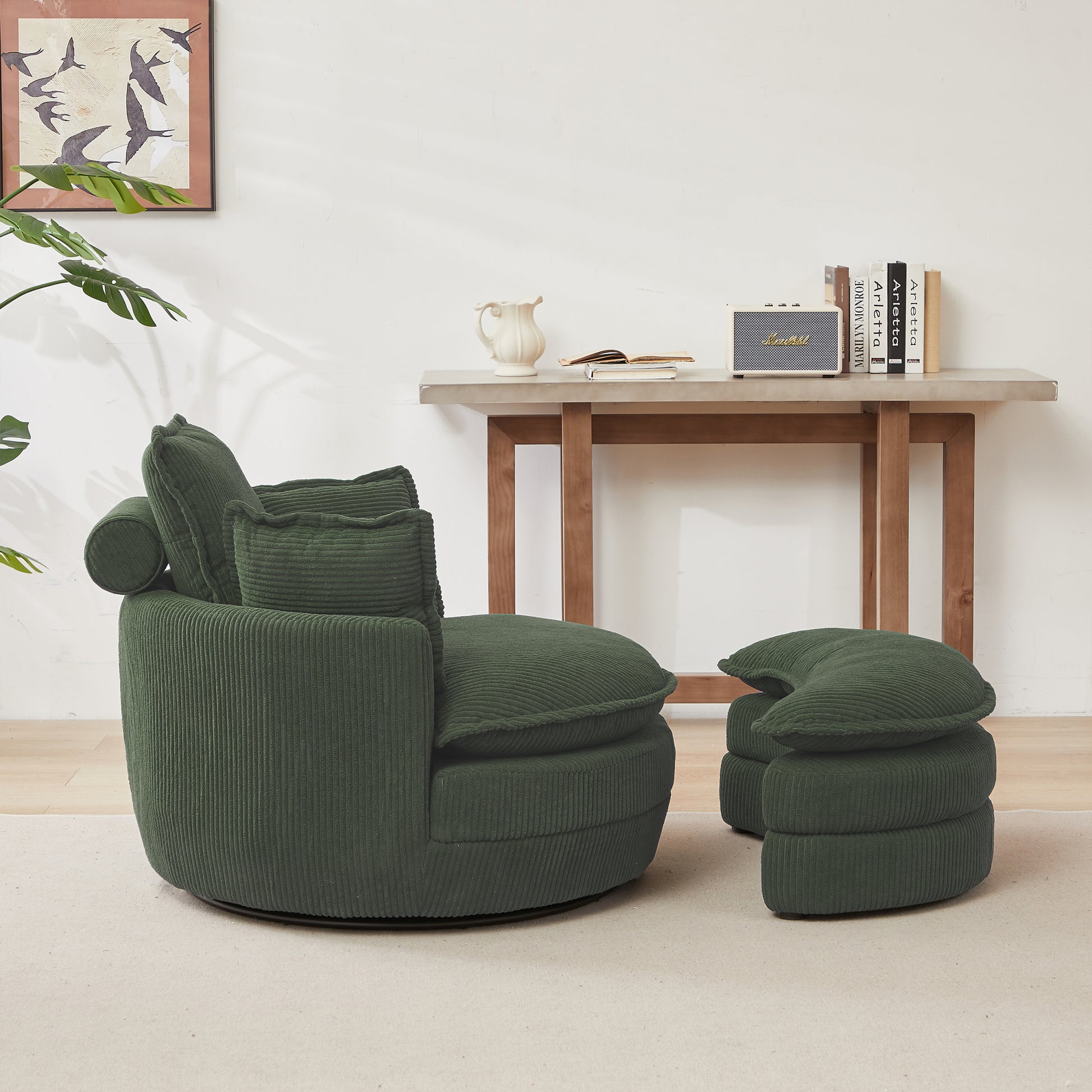 38"W Oversized Swivel Chair With Moon Storage Ottoman For Living Room, Modern Accent Round Loveseat Circle Swivel Barrel Chairs For Bedroom Cuddle Sofa Chair Lounger Armchair, 4 Pillows,Corduroy Green Foam Corduroy 1 Seat