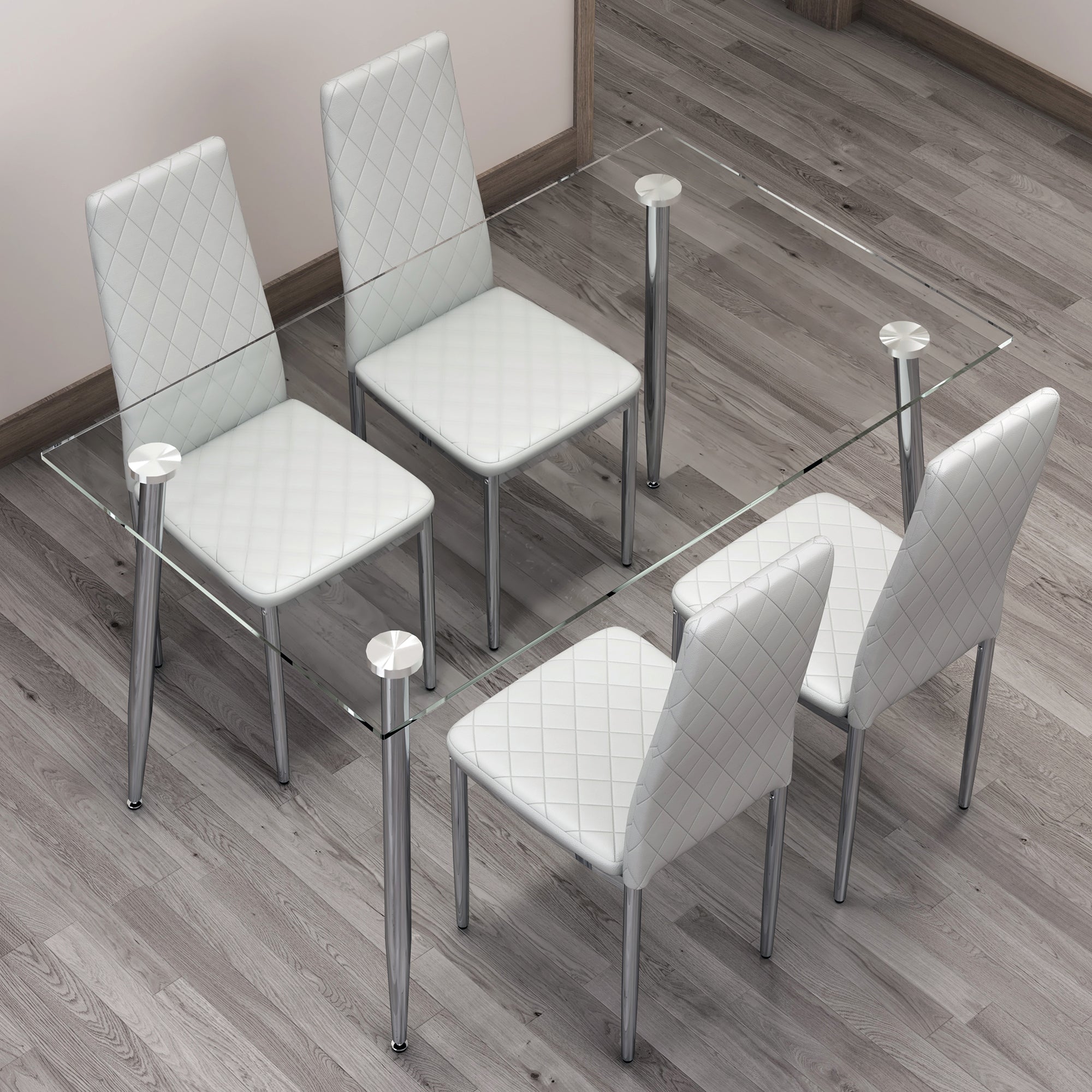 Table And Chair Set.Rectangular Dining Table With Tempered Glass Tabletop And Silver Plating Metal Legs.Paired With 4 Checkered Armless High Backlight Gray Chairs With Electroplated Metal Legs. Transparent Seats 4 Glass Metal