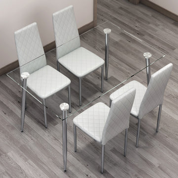 Table And Chair Set.Rectangular Dining Table With Tempered Glass Tabletop And Silver Plating Metal Legs.Paired With 4 Checkered Armless High Backlight Gray Chairs With Electroplated Metal Legs. Transparent Seats 4 Glass Metal