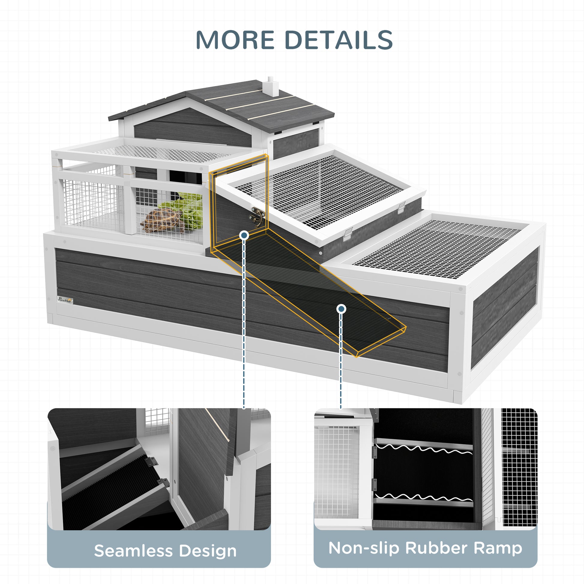 Pawhut 3 Room Tortoise House Habitat With Balcony & 2 Stories, Indoor Outdoor Wooden Tortoise Enclosure With Ladder, Tray, Openable Roof, Large Reptile Cage, 44" X 25.5" X 23", Gray Dark Grey Wood