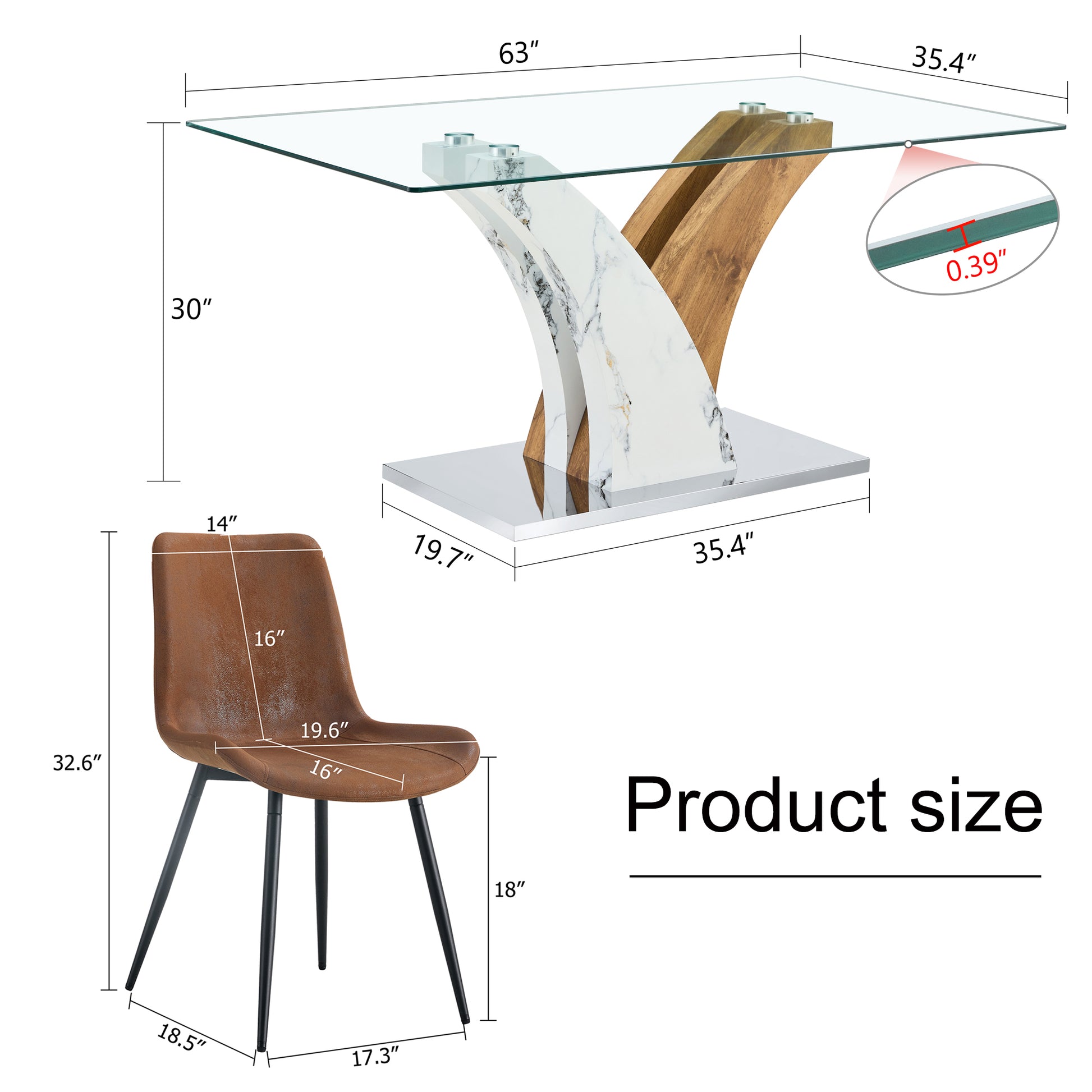 Table And Chair Set.Modern Dining Table, Tempered Glass Countertop With Artistic Mdf Legs.Paried With 6 Brown Chairs With Suede Backrests And Black Metal Legs.Suitable For Various Styles. Black Brown,Transparent Seats 6 Mdf Metal