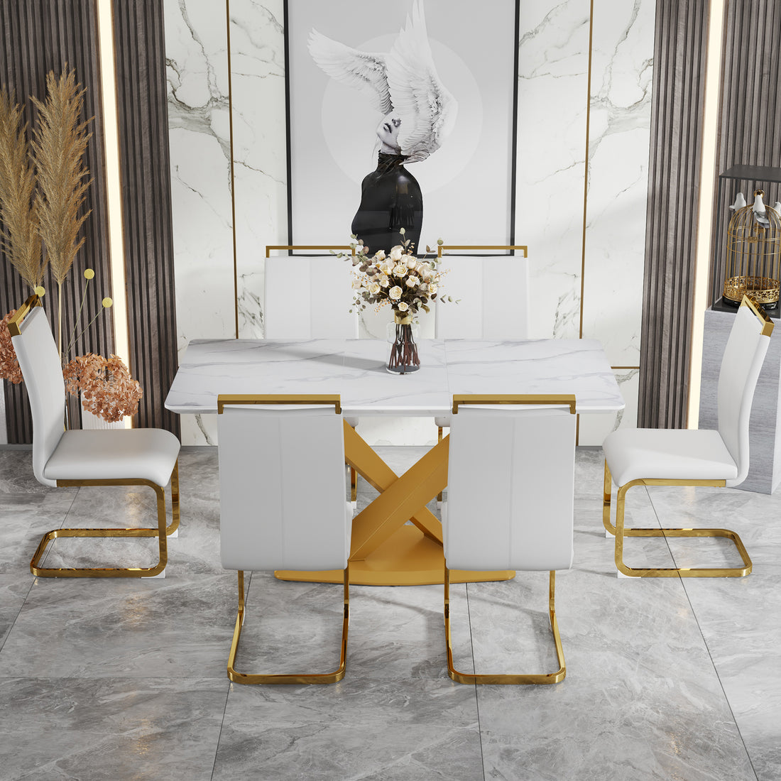 Table And Chair Set, The Table Is Equipped With A Marble Patterned Mdf Tabletop And Gold Table Legs.The Chair Is Equipped With Pu Synthetic Leather High Back Cushion And Gold Coated Metal Legs. Gold White Seats 6 Mdf Metal