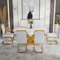 Table And Chair Set, The Table Is Equipped With A Marble Patterned Mdf Tabletop And Gold Table Legs.The Chair Is Equipped With Pu Synthetic Leather High Back Cushion And Gold Coated Metal Legs. Gold White Seats 6 Mdf Metal