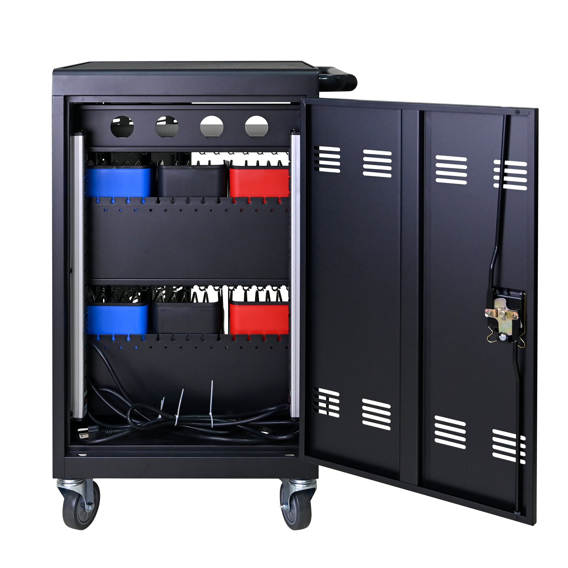 Tablet Laptop 32 Bit Plastic Device Basket Device For Mobile Charging Trolley Includes Cable Management Dividers, Cable Clips, Storage Compartment, And Removable Doors Black Matt Black Steel Metal