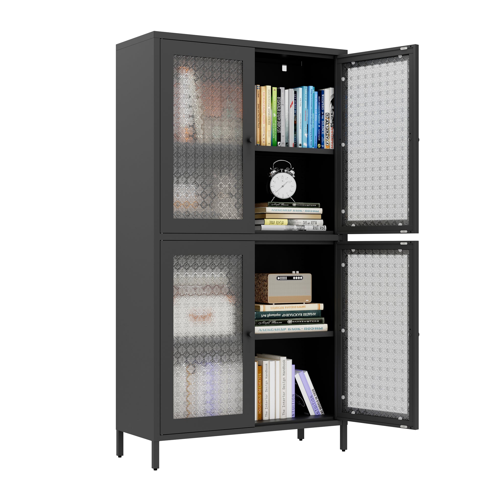 Classic Metal Storage Cabinet Display Cabinet With 4 Glass Doors 4 Shelves Cabinet Freestanding Bookcase Side Cabinet For Home Office Living Room Kitchen Hallway Black, Begonia Flower Tempered Glass Freestanding 3 4 Shelves Glass Pane Black Kitchen Glass