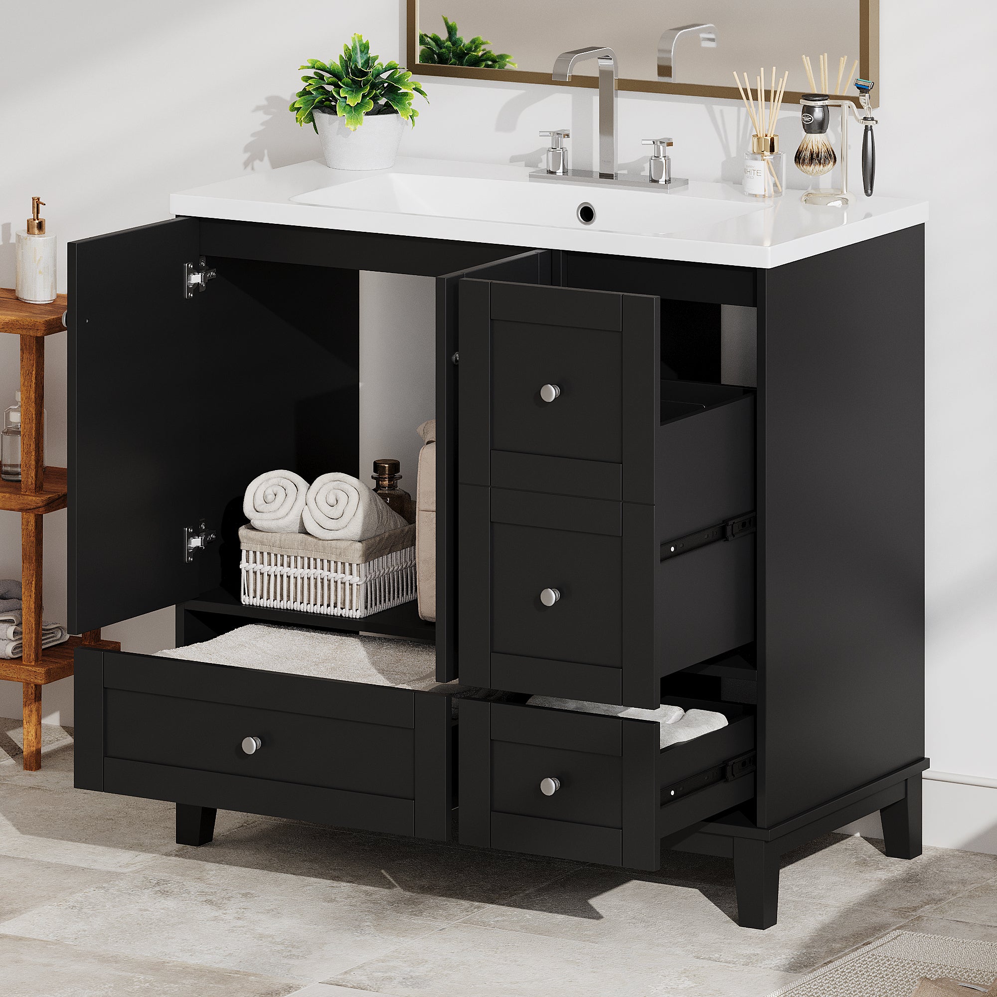 36 Inch Modern Bathroom Vanity With Usb Charging, Two Doors And Three Drawers Bathroom Storage Vanity Cabinet, Small Bathroom Vanity Cabinet With Single Sinkblack Faucets Not Included Black Bathroom Modern Solid Wood Mdf Resin