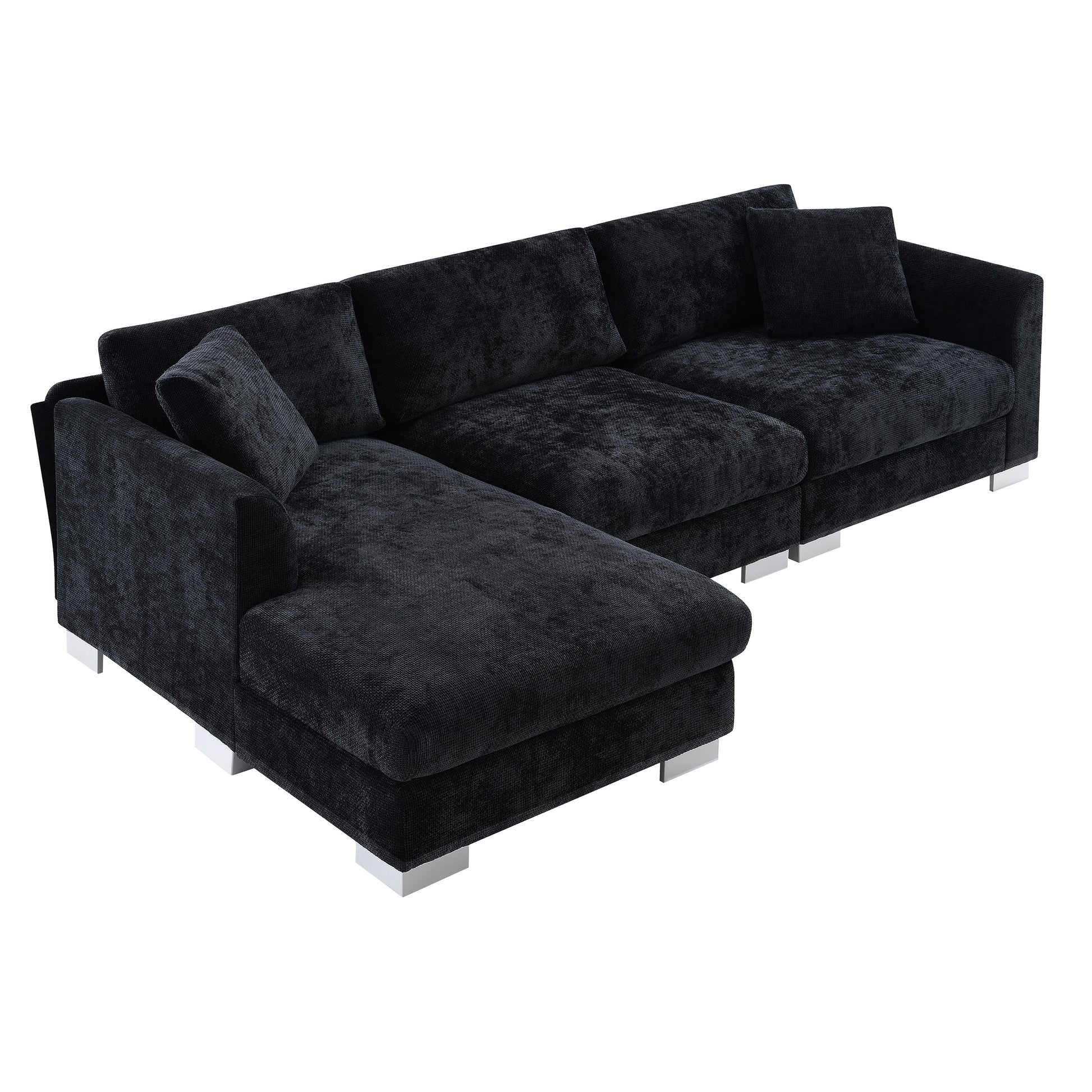 96*56" Modern Cloud Sectional Sofa,L Shaped Luxury Couch Set With 2 Free Pillows,4 Seat Chenille Indoor Furniture With Oversized Chaise For Living Room,Apartment,Office,3 Colors Black Chenille 4