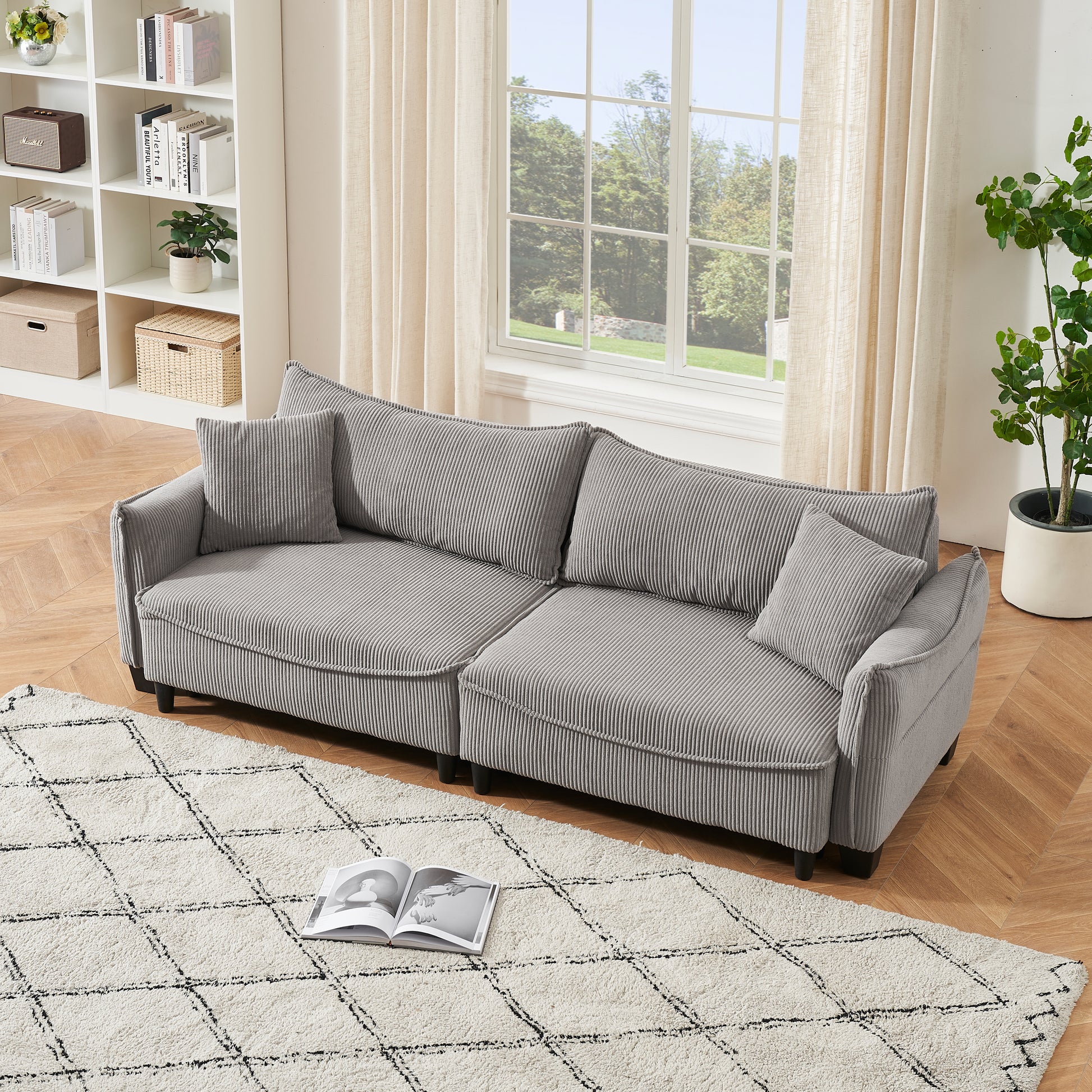2345 Grey Corduroy Fabric, Sofa Can Be Converted Into A Sofa Bed With Two Throw Pillows, Suitable For Living Room And Other Scenes Gray Corduroy 3 Seat
